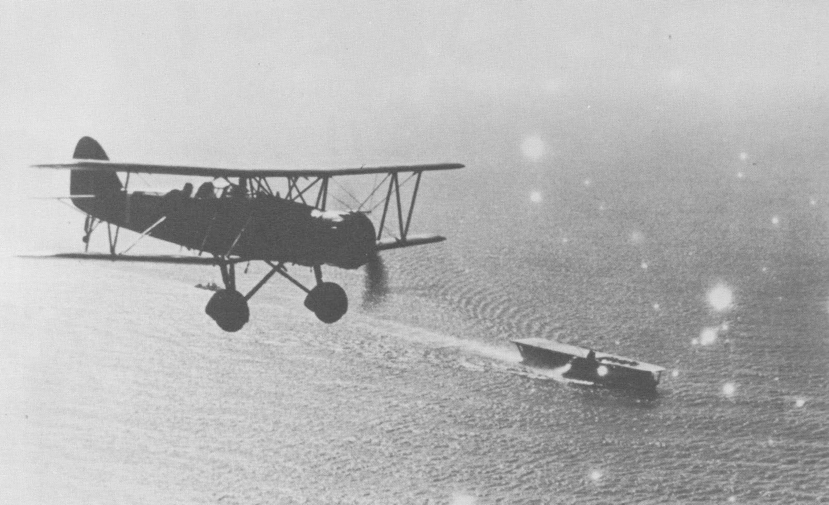 Japanese Navy Type 96 biplane fighter flying over carrier Kaga off China 1937 1938 01