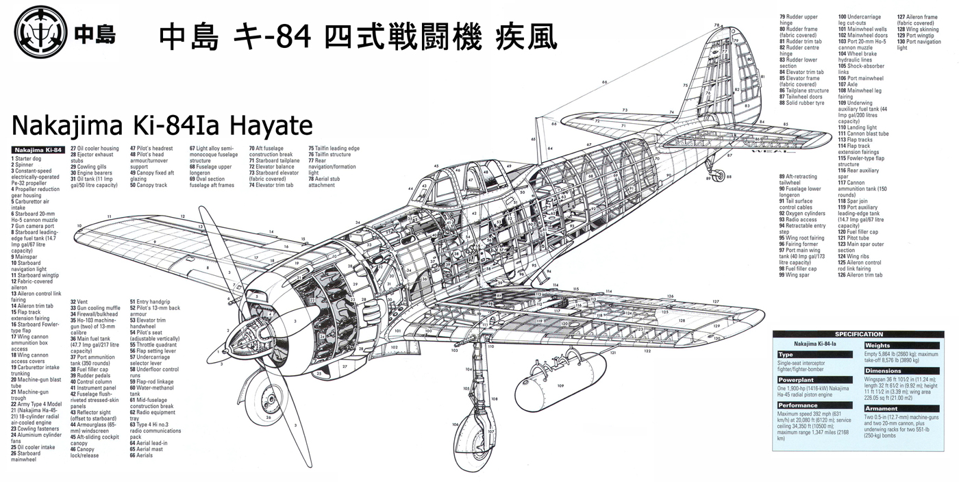 Artwork Nakajima Ki 84 technical drawing and cut away 0A