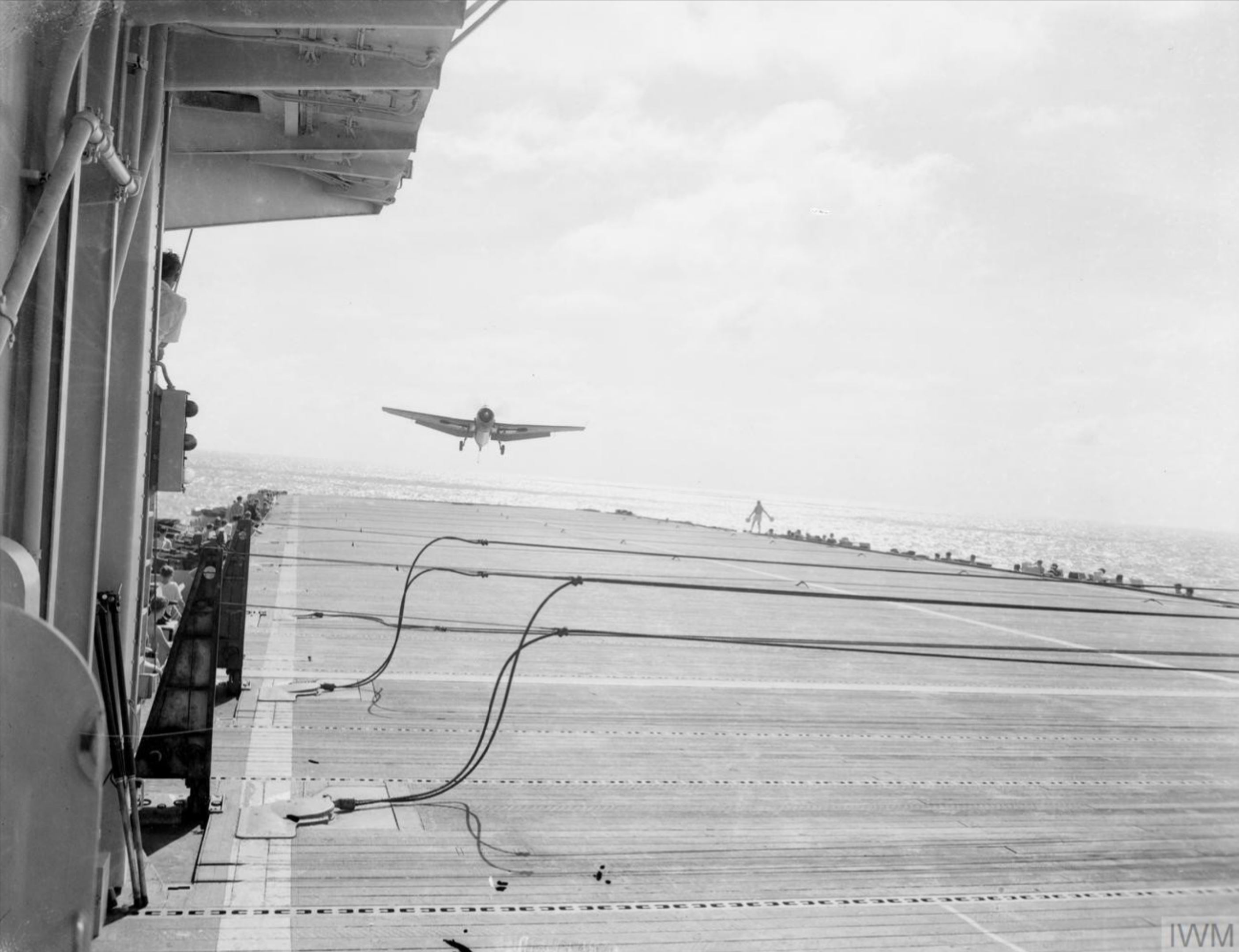 Fleet Air Arm Avenger Tarpon landing aboard HMS Shan eastern waters Feb 1945 IWM A27849
