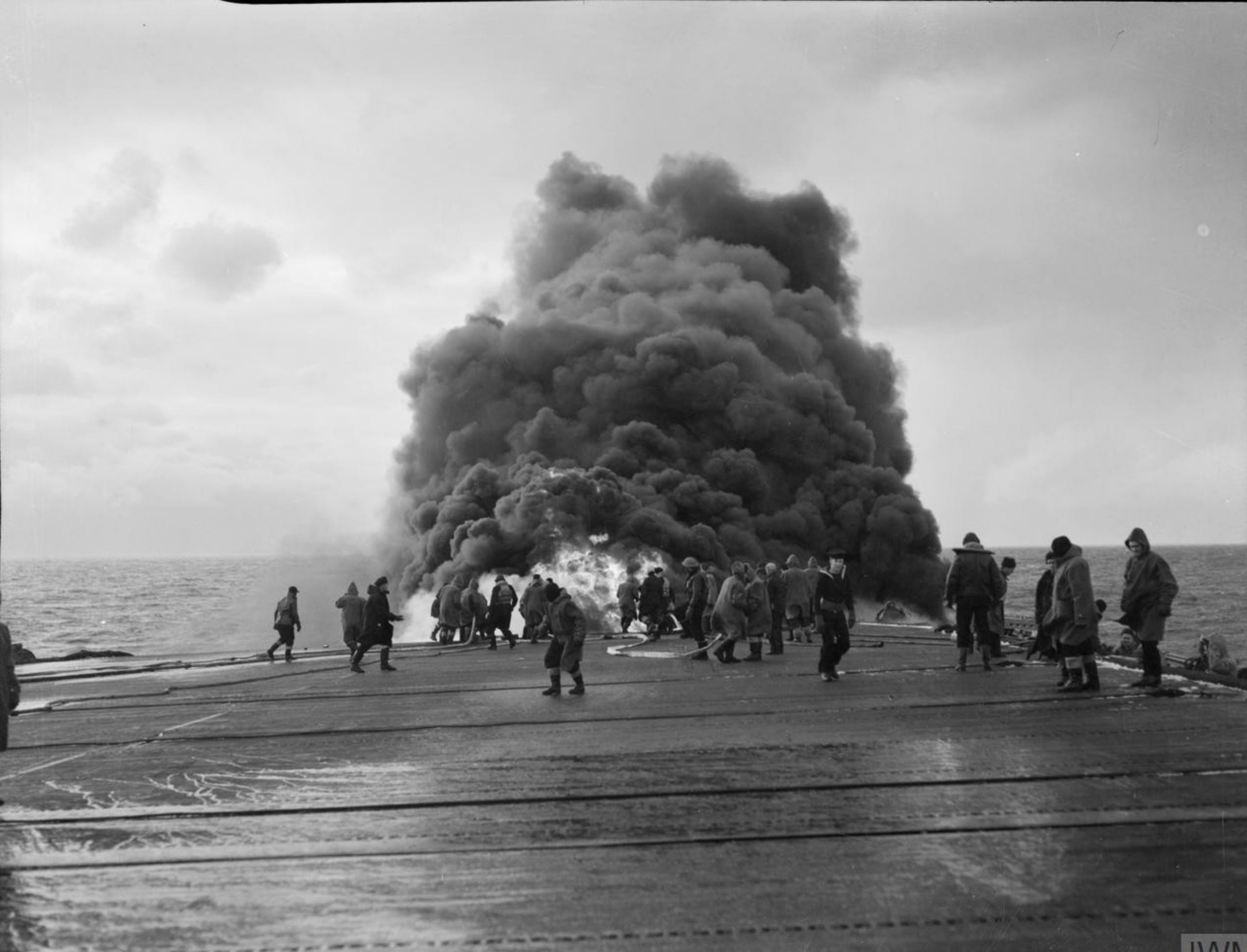 Fleet Air Arm Avenger or Tarpon crashes aboard HMS Tracker 3rd Apr 1944 IWM A22864