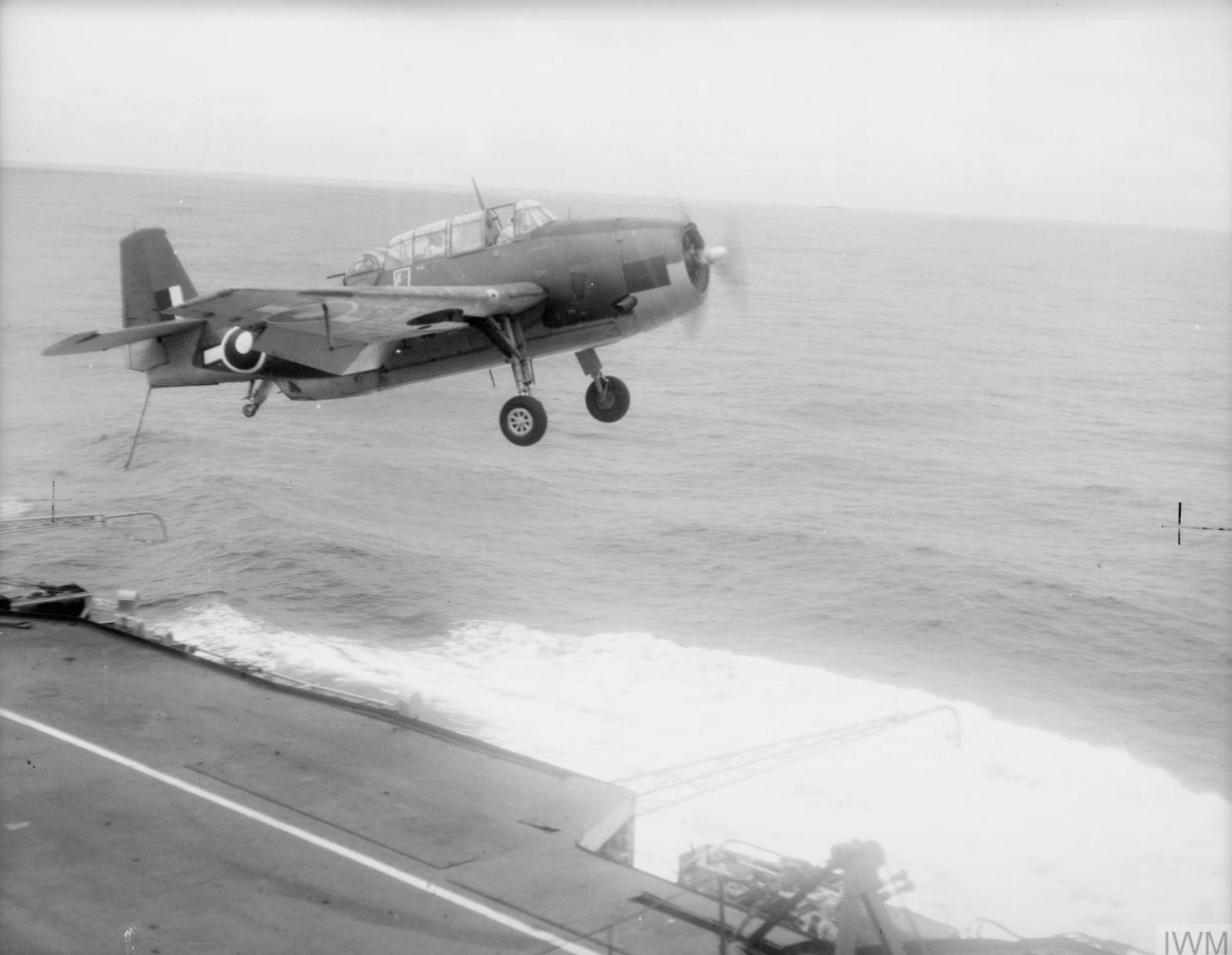 Fleet Air Arm Avenger or Tarpon taking off from HMS Illustrious Mar 1945 IWM A29274