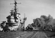 Asisbiz RN carrier HMS Formidable hit by a Japanese suicide plane during the Okinawa landings IWM A29313