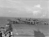 Asisbiz Fleet Air Arm Hellcats preparing for take off from HMS Ravager 28th Dec 1943 IWM A21294
