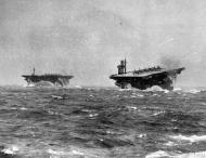 Asisbiz RN escort carrier HMS Biter n HMS Avenger in heavy seas Sep 1942 IWM A12577