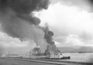 Asisbiz Battleship row with burning and damaged ships at Pearl Harbor 7th Dec 1941 80 G 32432