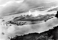 Asisbiz Japanese photo showing torpedoes that have just struck USS West Virginia and USS Oklahoma Ford Island 7th Dec 1941 NH 50930
