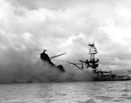 Asisbiz USS Arizona (BB 39) burning and sinking remains after Pearl Harbor attack 7th Dec 1941 80 G 32485