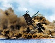 Asisbiz USS Arizona (BB 39) forward superstructure ablaze after her forward magazines exploded Pearl Harbor Attack 7th Dec 1941 NH 97379C