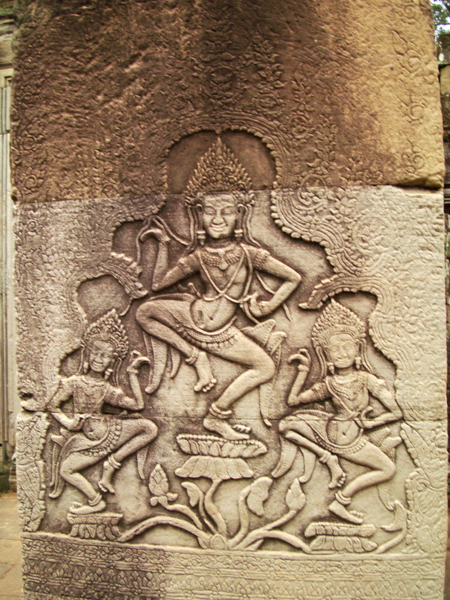 Bayon Temple Bas relief pillars three dancing apsaras Angkor 11