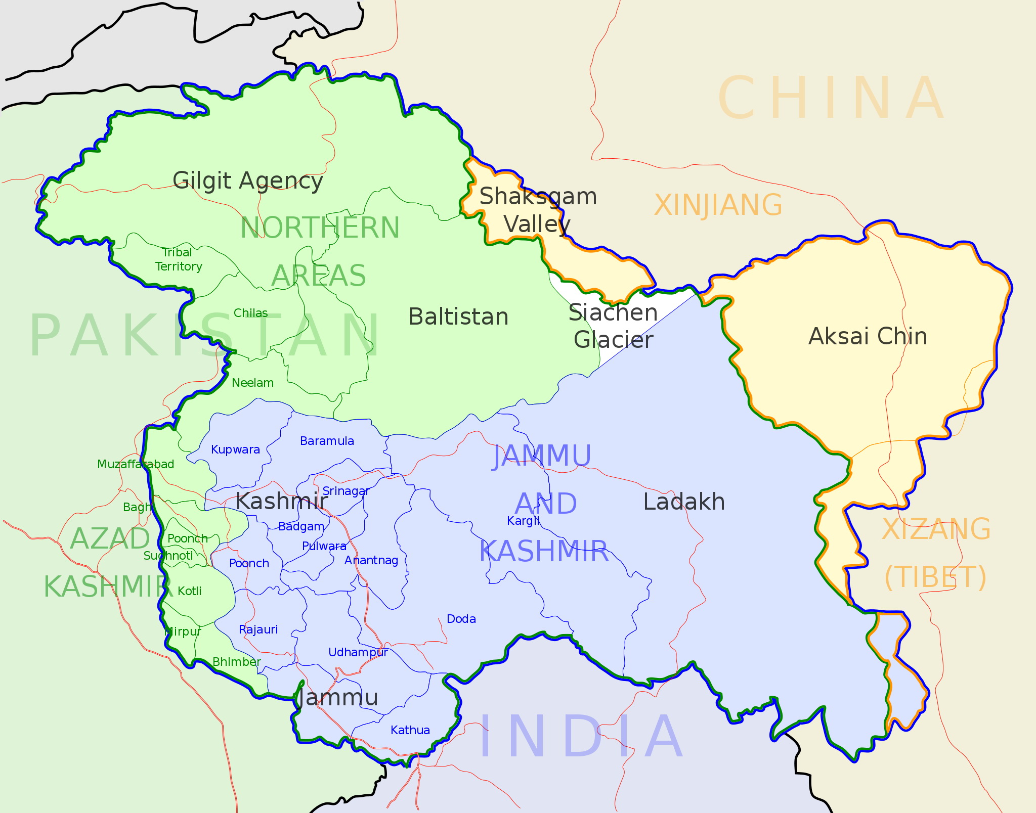A map drawing of the Kashmir areas and districts