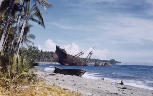 The wreck of one of the four Japanese transports Kinugawa Maru beached and destroyed at Guadalcanal on 15 November 1942