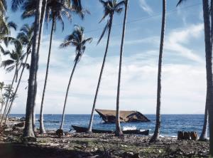 The wreck of one of the four Japanese transports Kinugawa Maru beached and destroyed at Guadalcanal on 15 November 1942