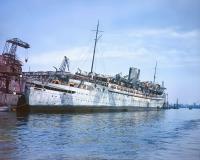 Asisbiz German Liner Robert Ley burned out after a incendiary bombing Hamburg Germany 1945