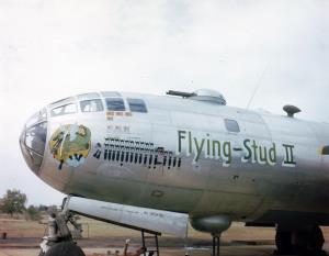 Asisbiz WWII color photo of USAAF 42 24464 Boeing B 29 Superfortress 444BG679BS and 676BS Flying Stud II nose art 01