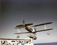 Asisbiz Vought O3U 3 Corsair Floatplane Leaves the catapult car while being launched on a training flight at NAS Pensacola Florida 1940