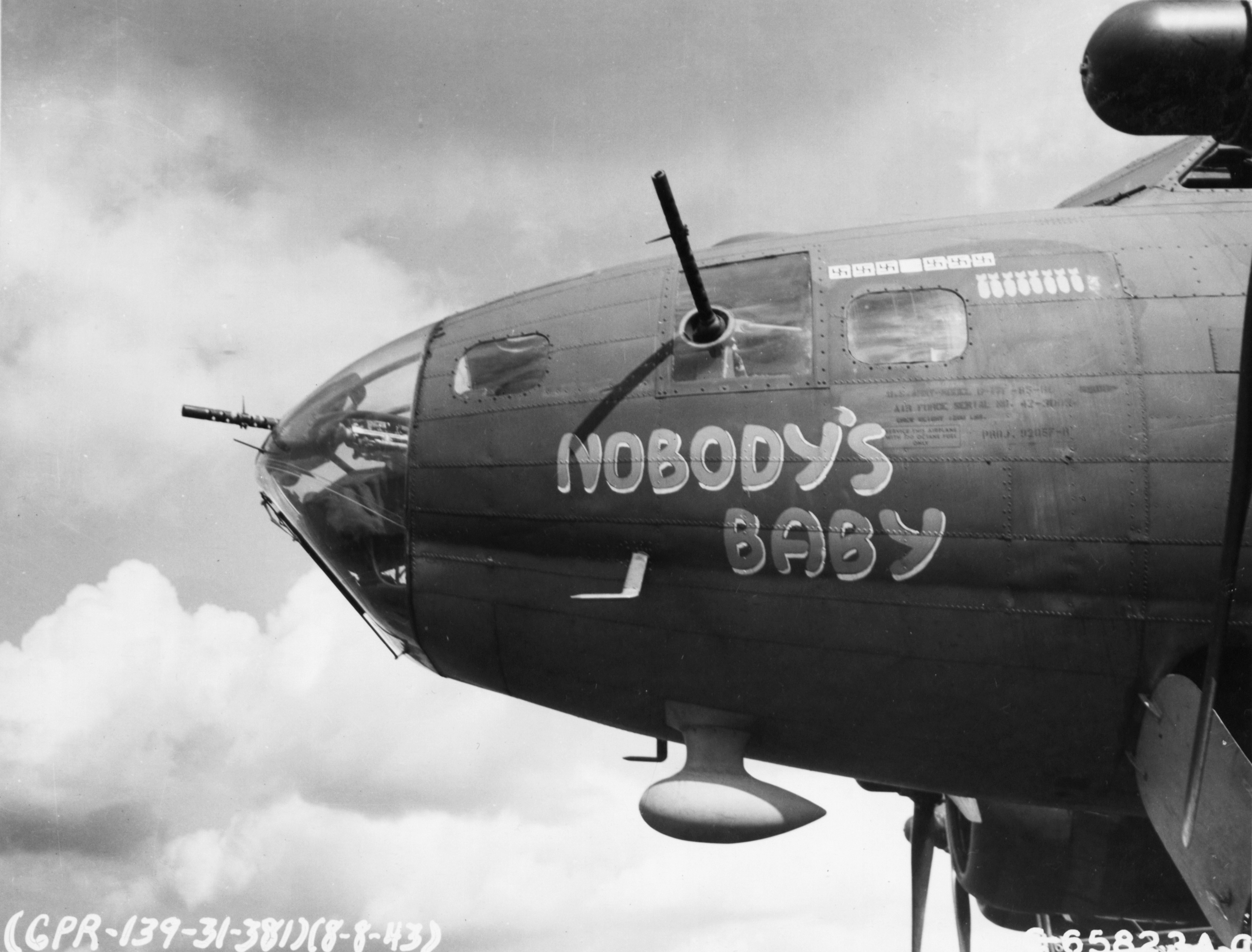 42-30034 B-17F Fortress 8AF 381BG532BS VEK Nobody’s Baby nose art left side at Ridgewell 8th Aug 1943 NA411