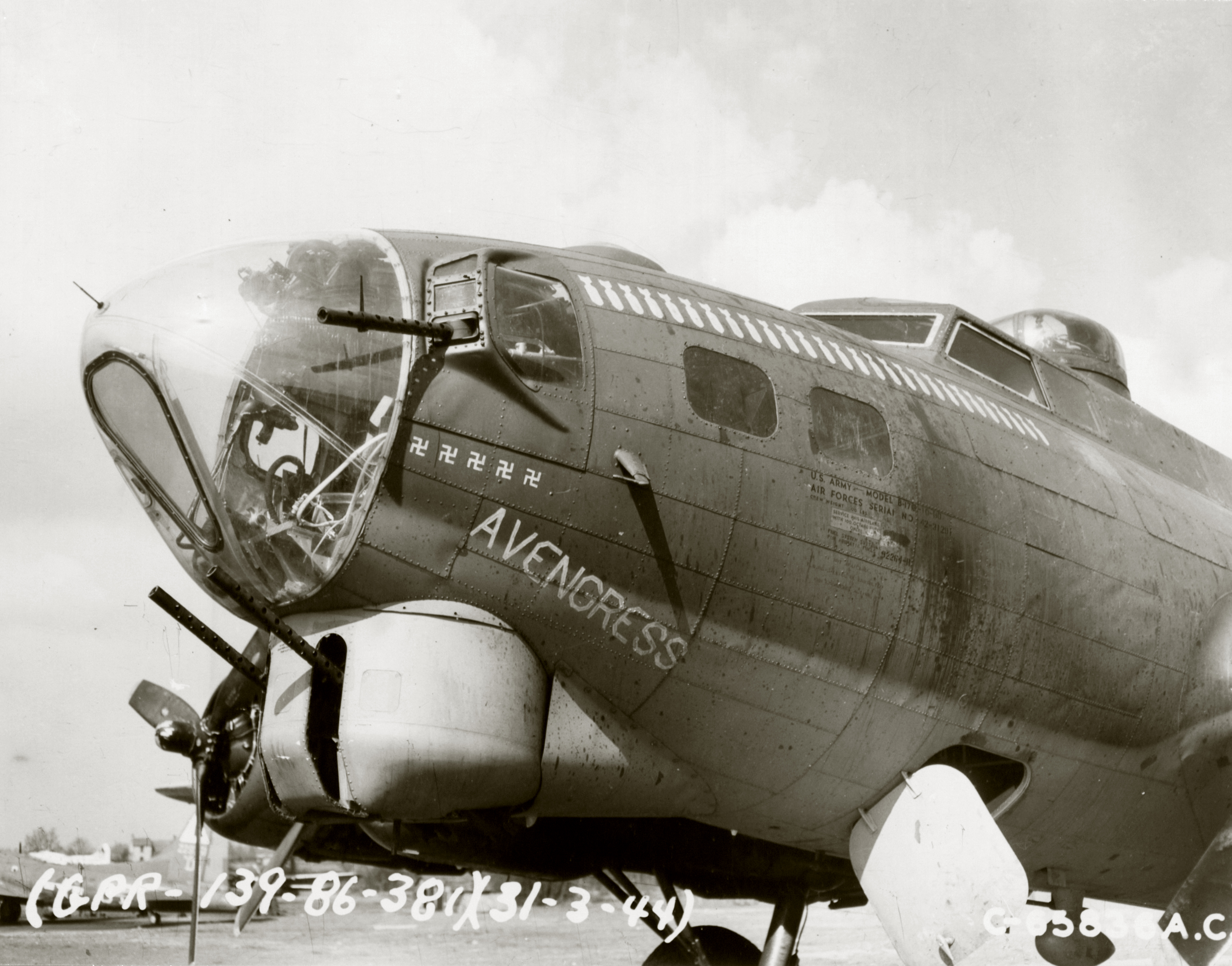 42-31291 B-17G Fortress 8AF 381BG533BS VPF Avengress nose art at Ridgewell 31st Mar 1944 NA515