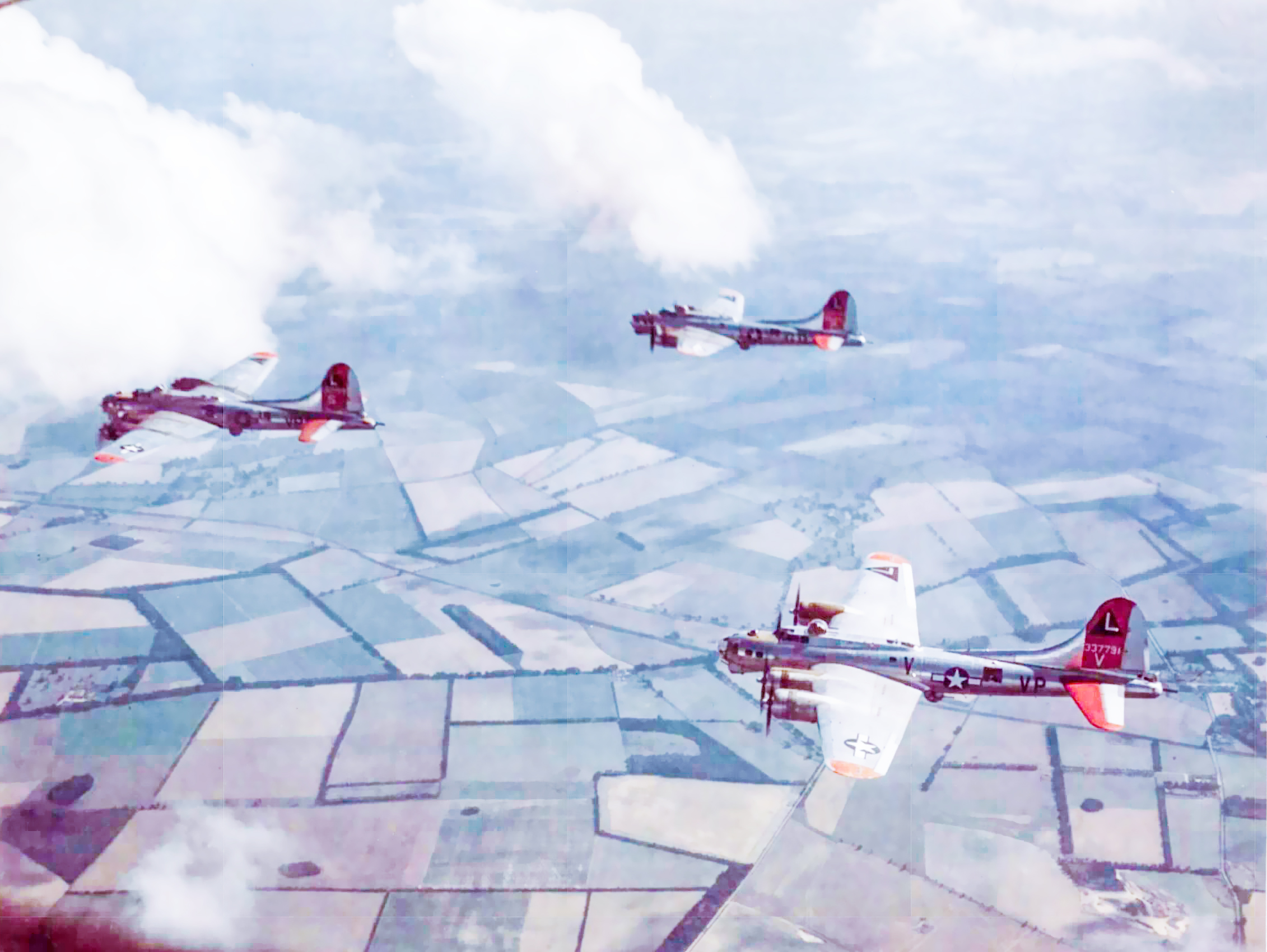 42-97059 B-17G Fortresses 8AF 381BG533BS VPS Marsha Sue in formation with VPV and VPP 01
