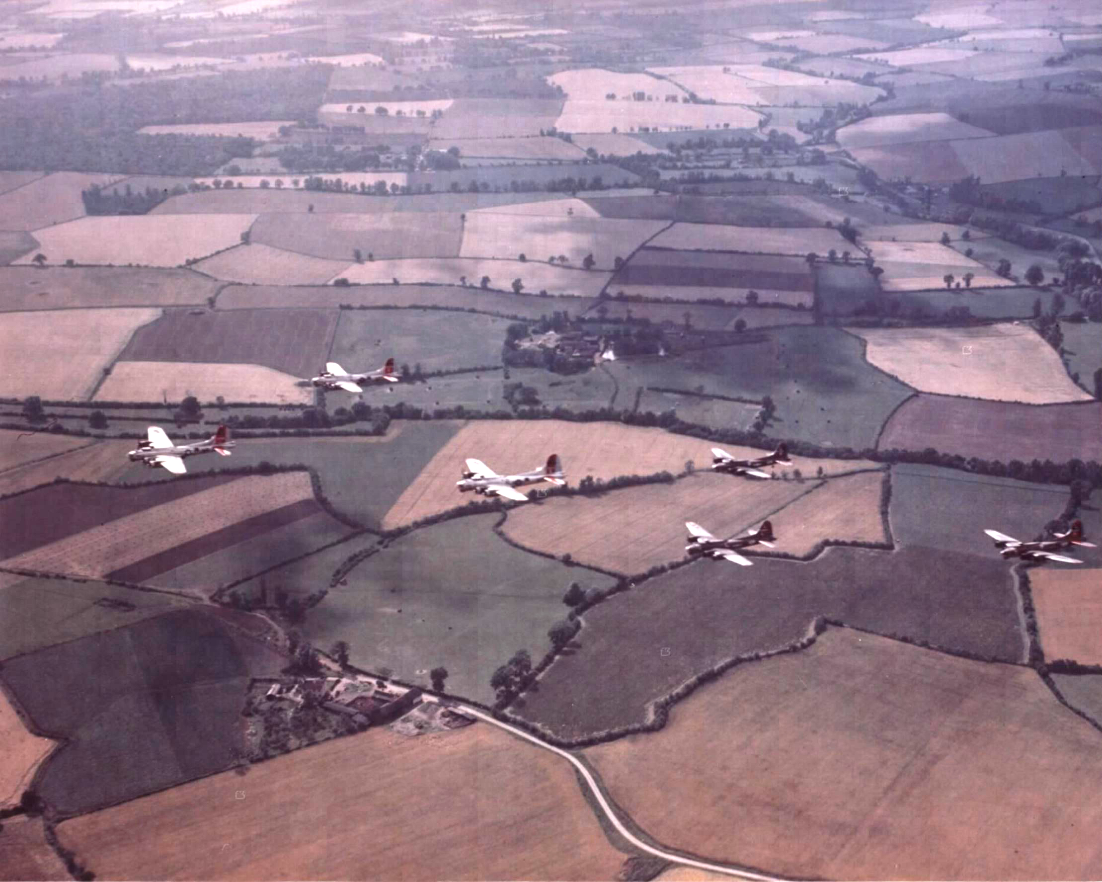 42-97059 B-17G Fortresses 8AF 381BG533BS VPS Marsha Sue in formation with VPV and VPP 12