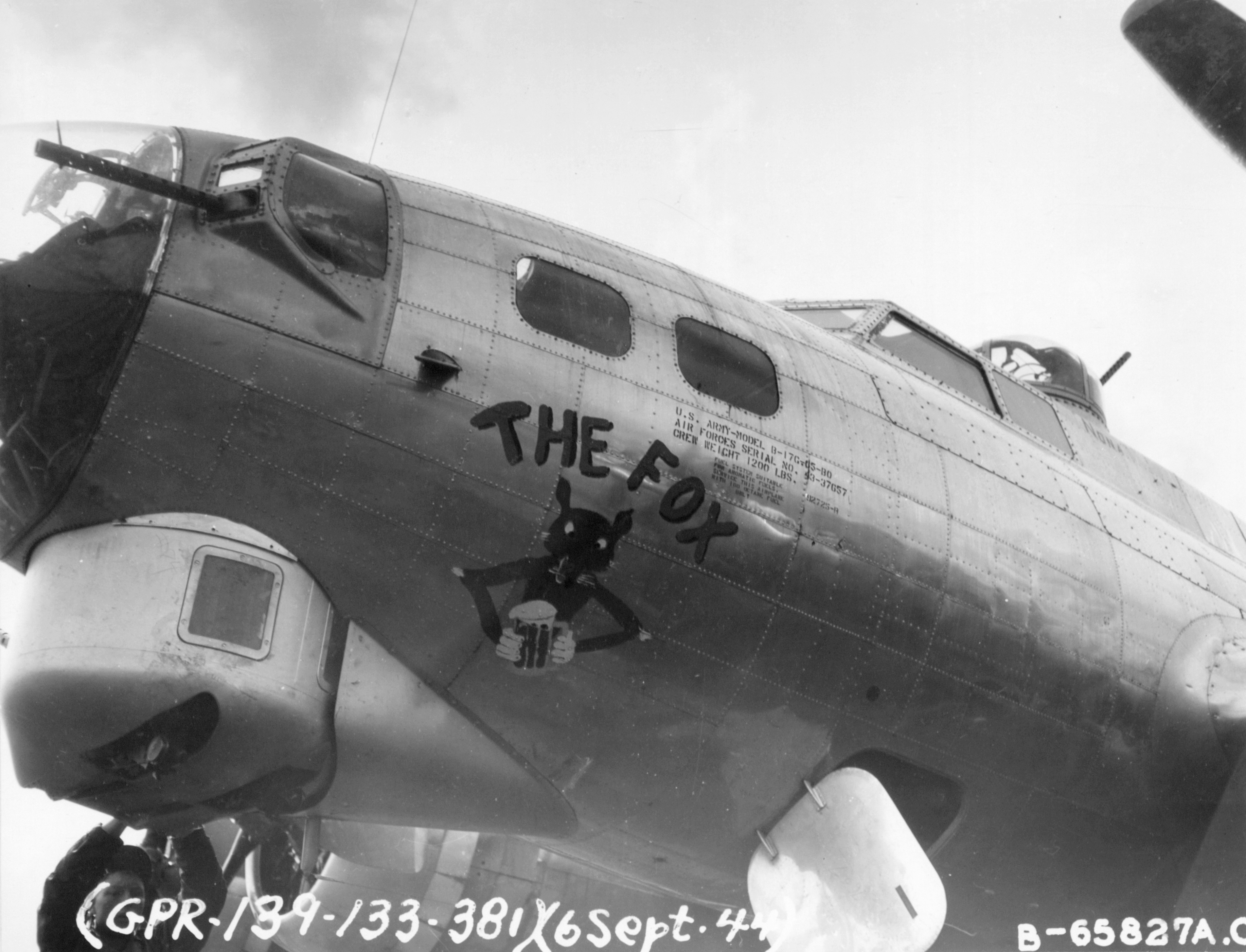 43-37657 B-17G Fortress 8AF 381BG534BS GDI The Fox nose art at Ridgewell 6th Sep Mar 1944 NA441