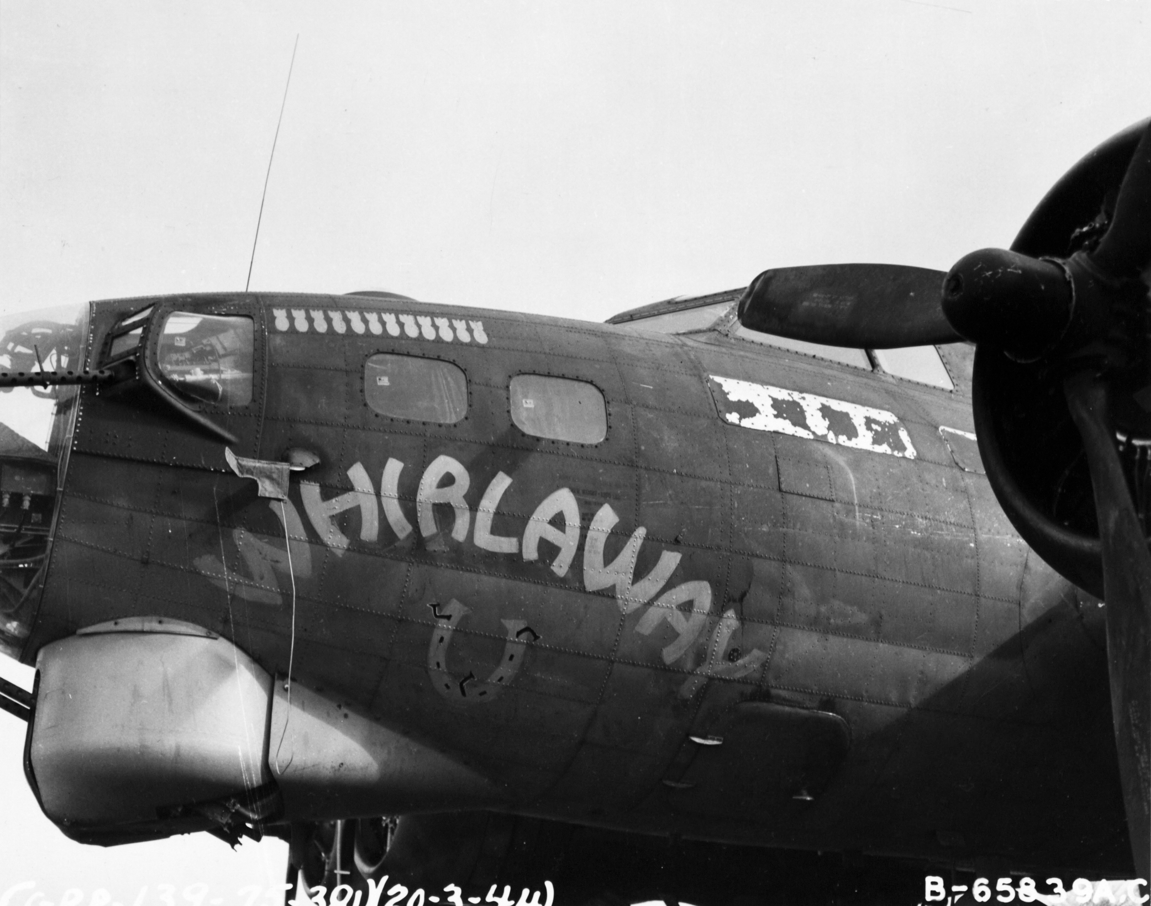 44-8010 B-17G Fortress 8AF 381BG532BS VEJ Whirlaway nose art at Ridgewell 20th Mar 1944 NA537