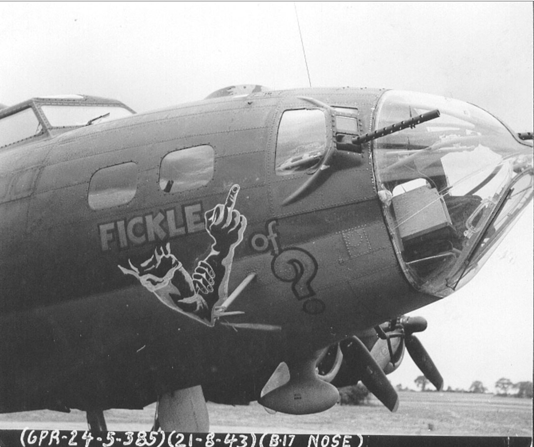 42-3335 B-17F Fortress 8AF 385BG549BS XAY Fickle Finger Of nose art right side 21st Aug 1943 01