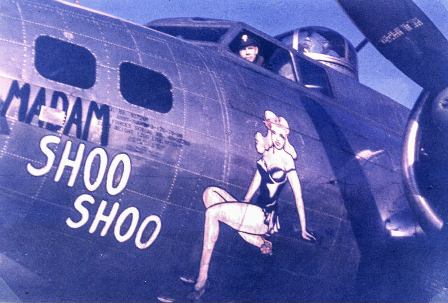 43-37786 B-17G Fortress 8AF 385BG551BS HRZ Madam Shoo Shoo nose art left side 01