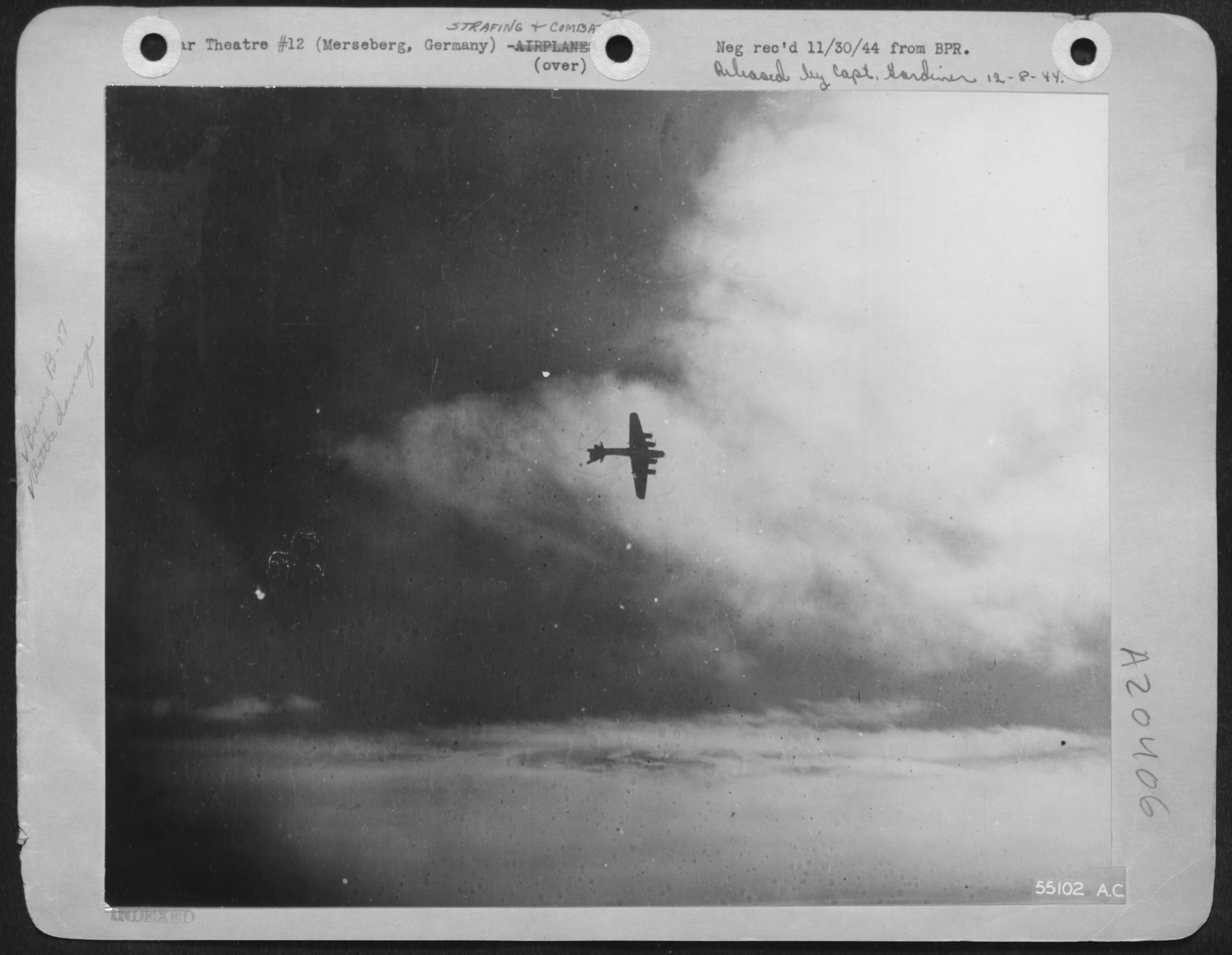 Boeing B-17 Fortress 8AF 487BG spins out of control after a flak hit 2nd Nov 1944 342 FH 000948