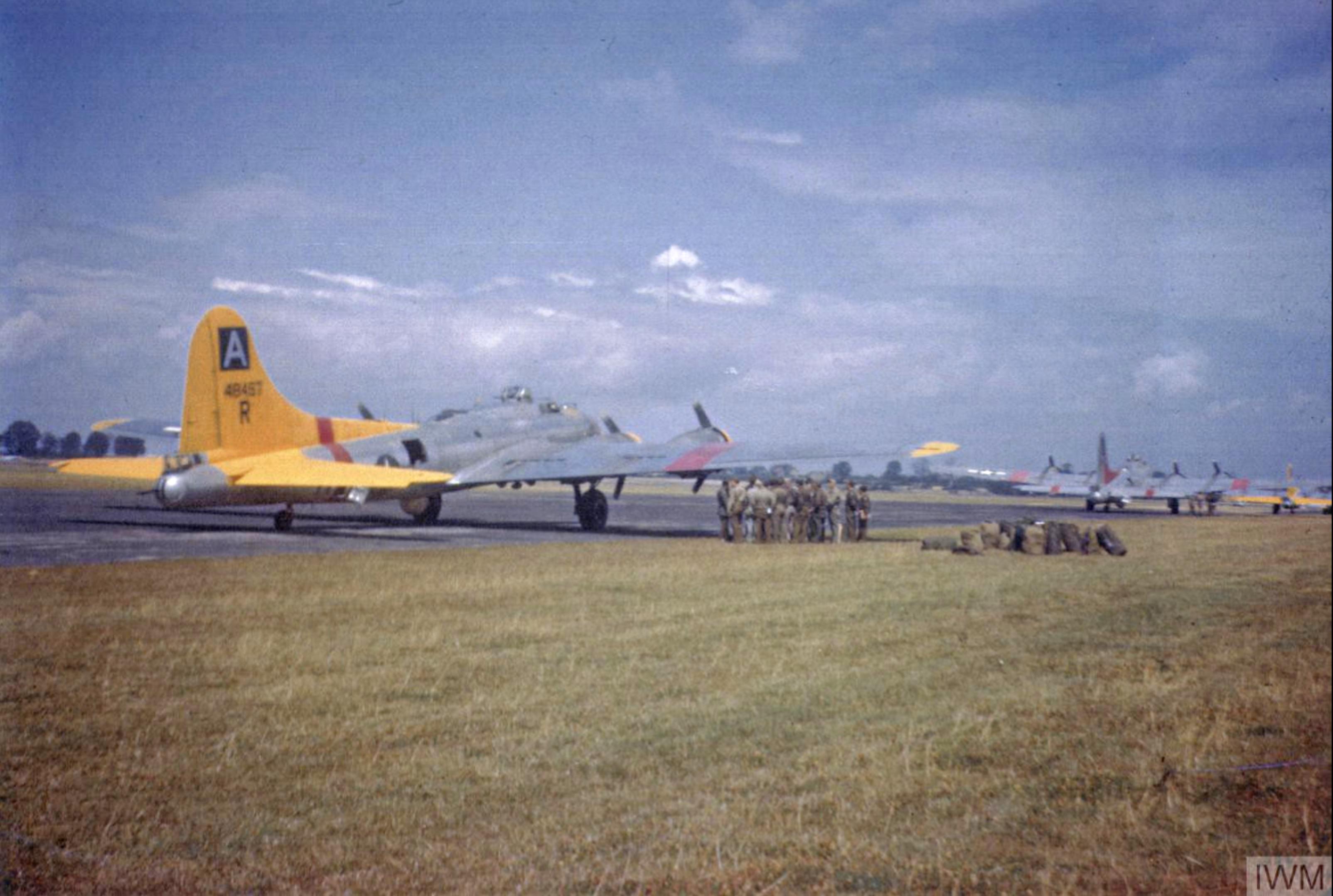44 8457 B 17G Fortress 8AF 94BG332BS XMR lined up at Wormingford for relief mission to Kaufbeuren July 1945 FRE2453