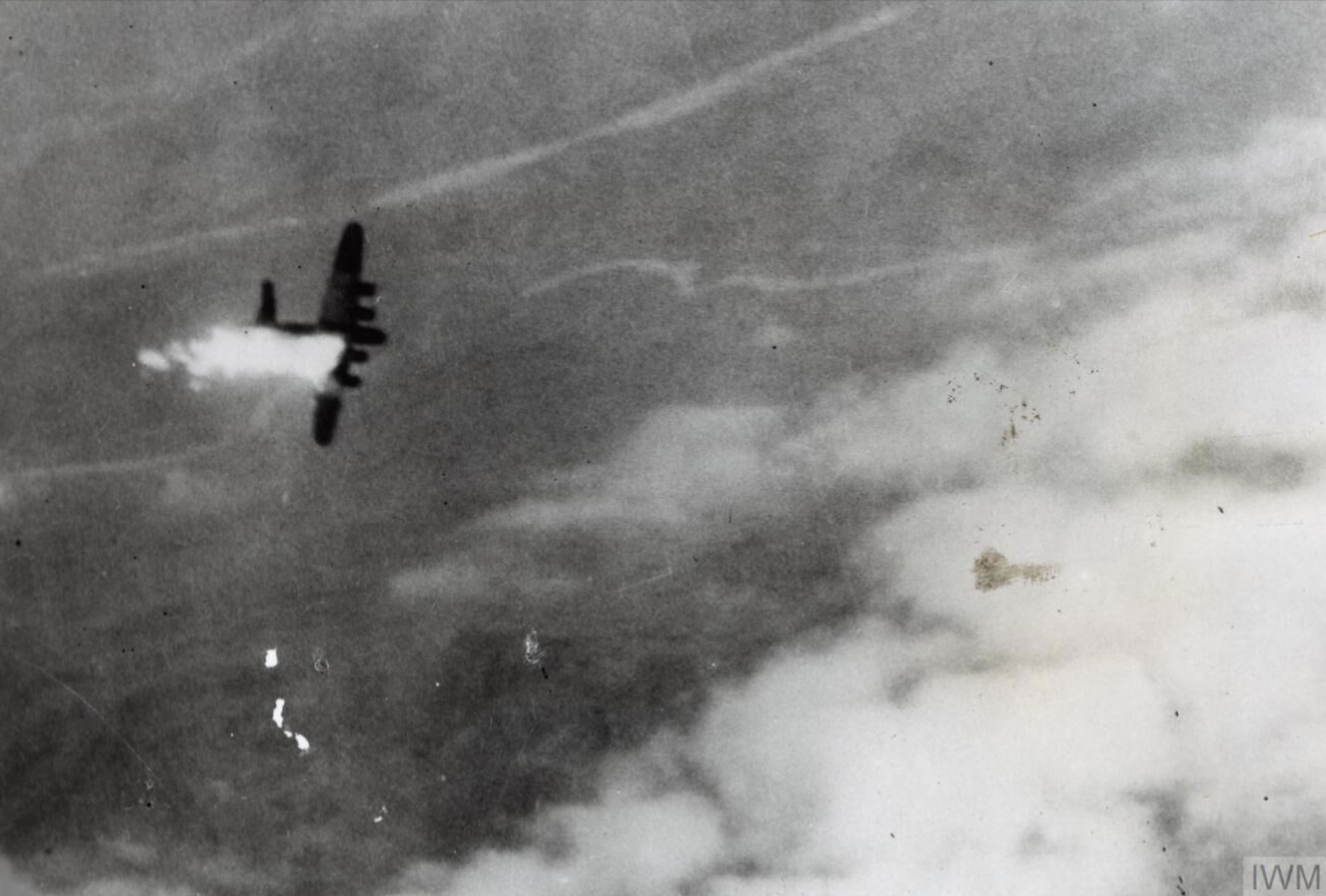 15AF B-17 Fortress goes down in flames during a mission over Ploesti 5th May 1944 FRE13989