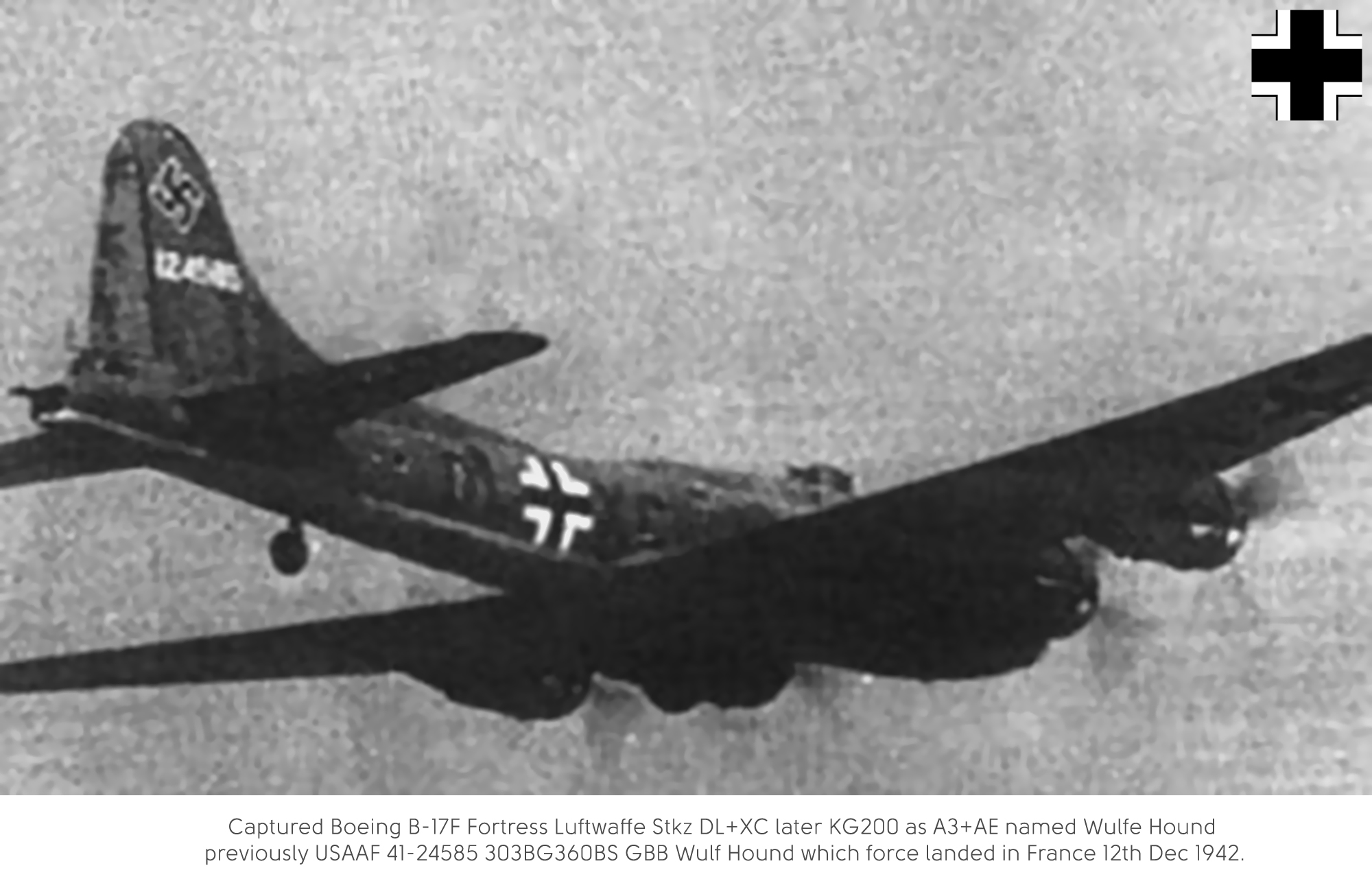 Captured 41 24585 B-17F Fortress in Luftwaffe Stkz DL+XC named Wulfe Hound in flight 1943 01