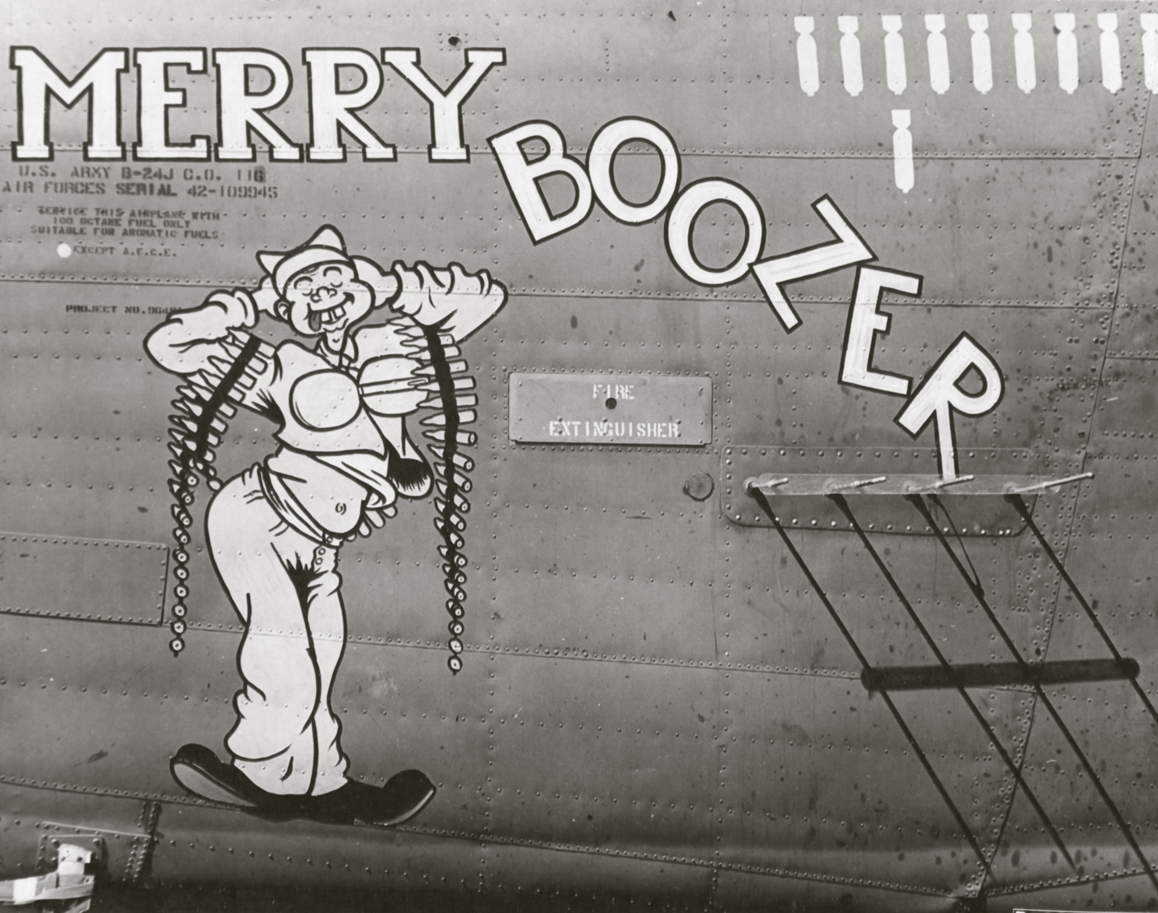 42-109945 B-24J Liberator 7AF 11BG26BS Merry Boozer nose art left side Central Pacific 1943 45 02