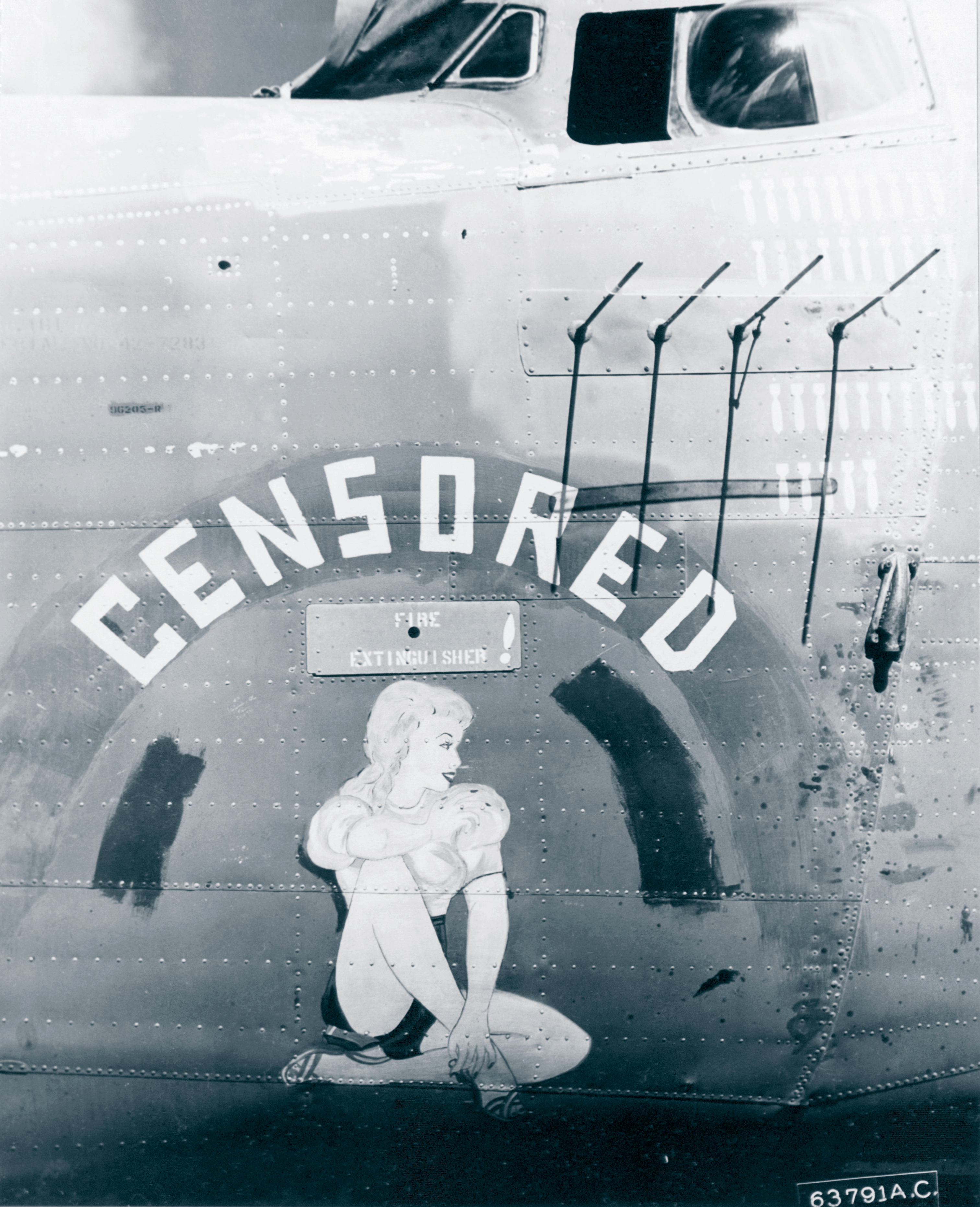 42-72831 B-24D Liberator 7AF 11BG431BS Censored nose art left side at Kwajalein Marshall Islands 1944 NA1221