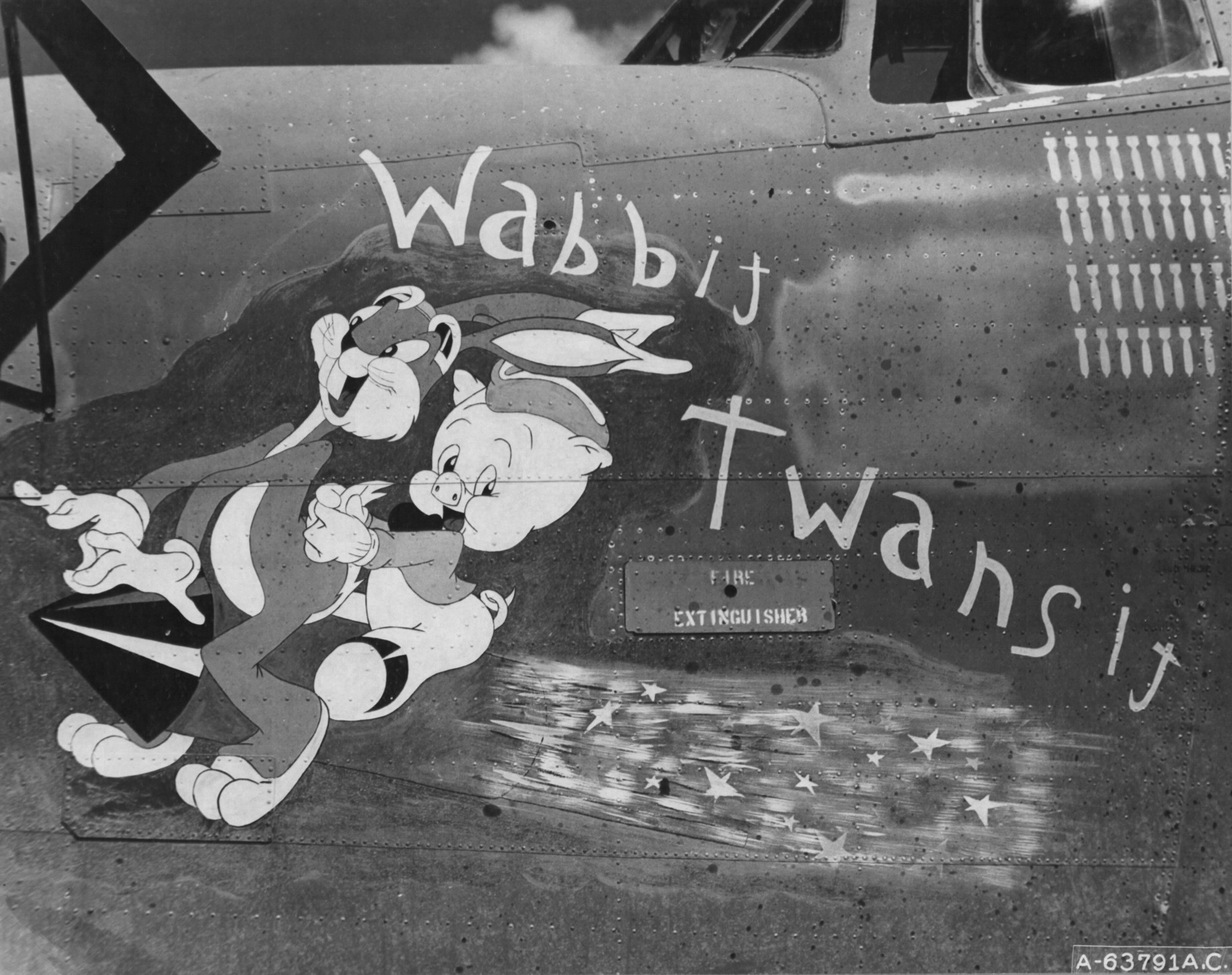 42-73006 B-24J Liberator 7AF 11BG431BS Wabbit Twansit nose art left side at Kwajalein Marshall Islands July 1944 01