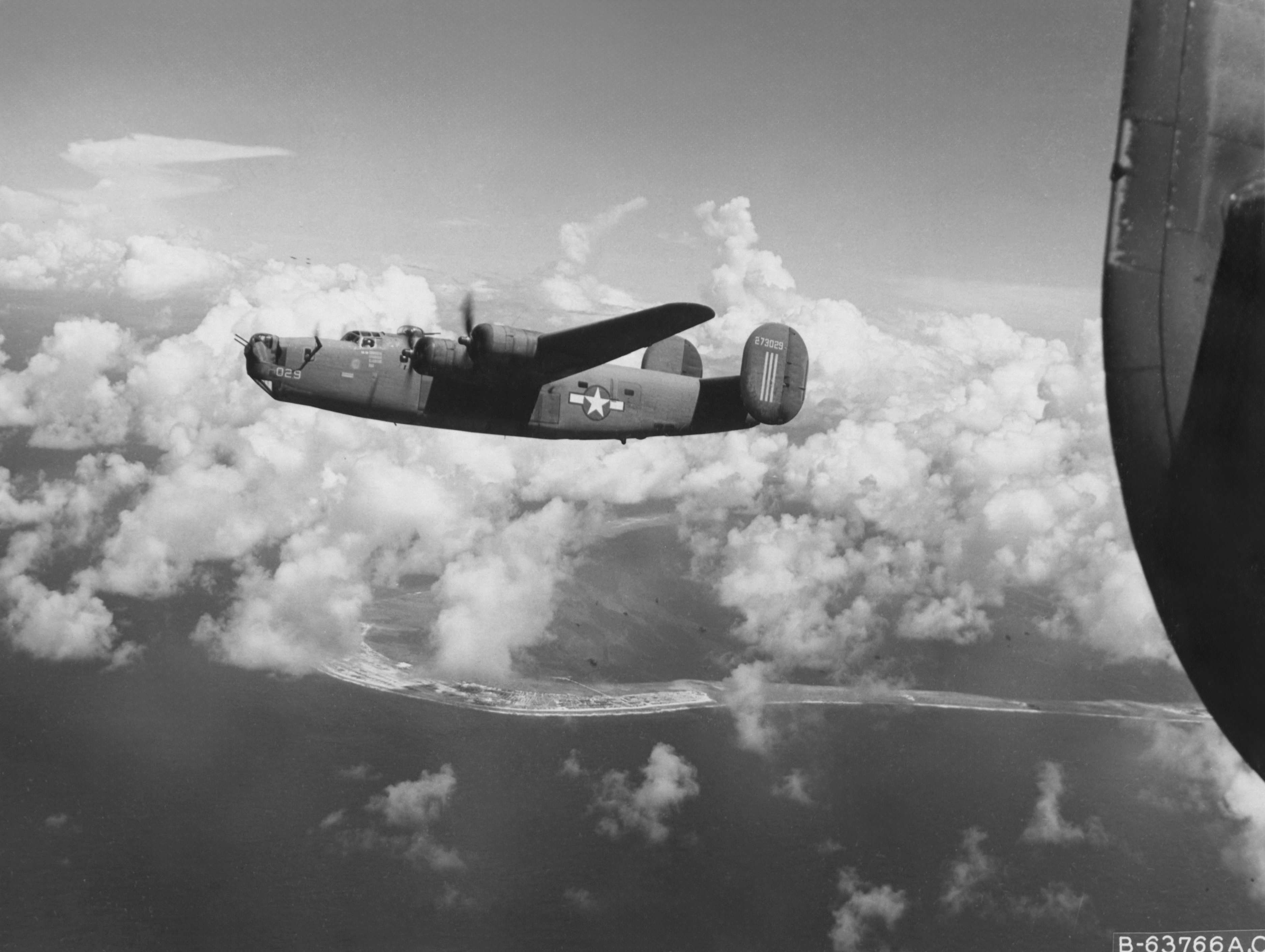 42-73029 B-24J Liberator 7AF 11BG431BS over Kwajalein Marshall Isls June 1944 B63766