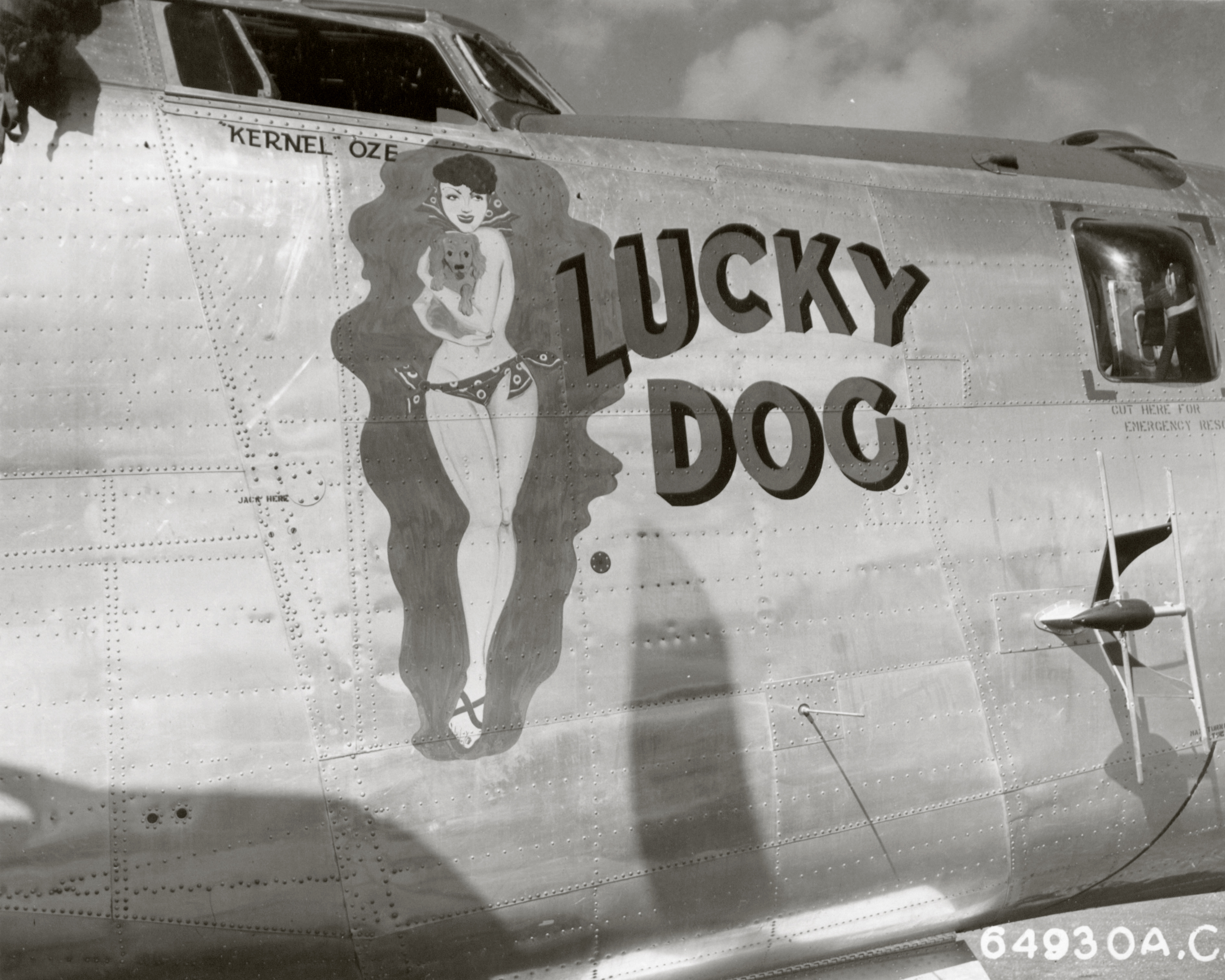 44-40679 B-24J Liberator 7AF 11BG26BS Lucky Dog nose art right side at Guam Marinanas Isls 4th May 1945 02