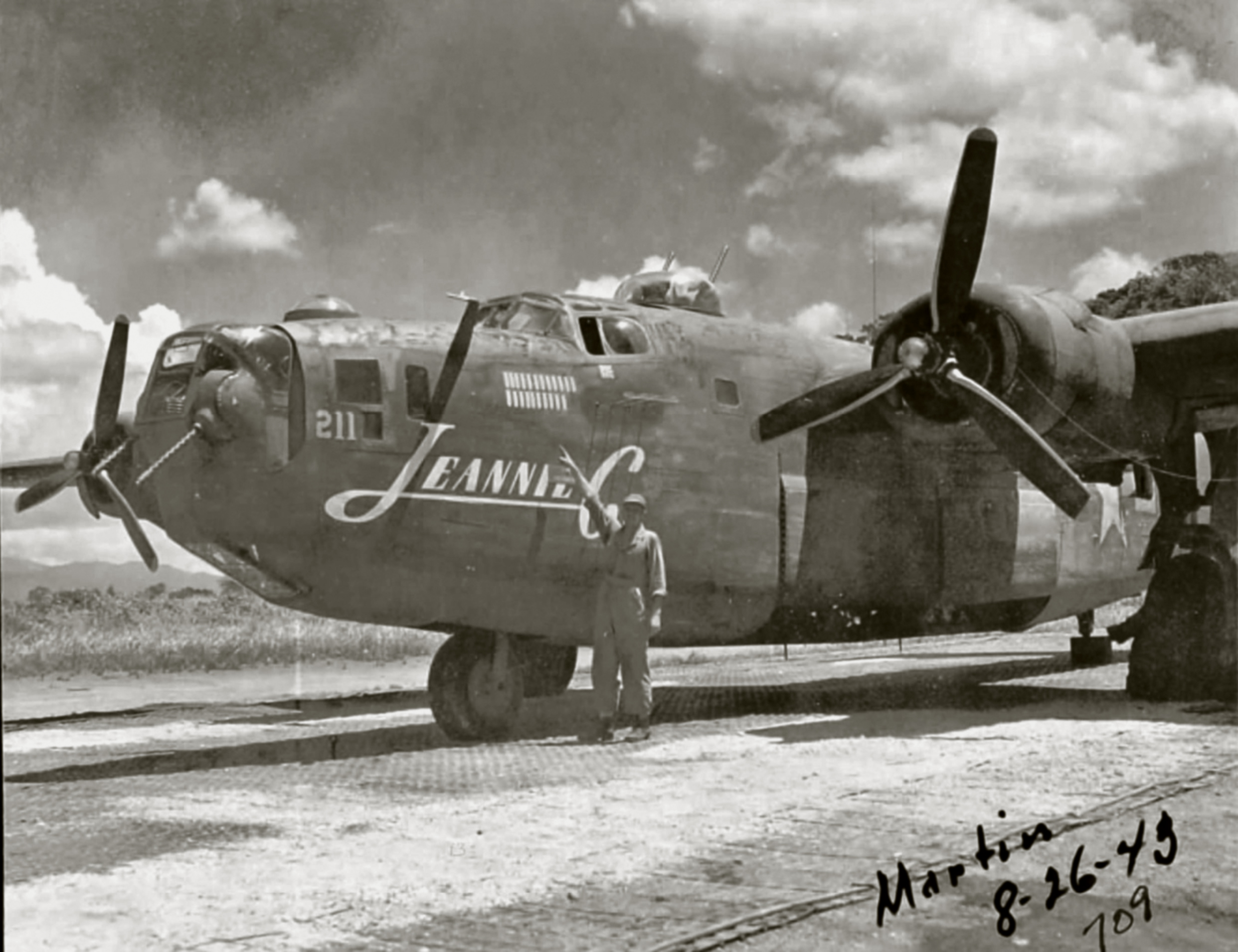 42-40211 B-24D Liberator 7AF 307BG424BS Jeannie C nose art left side Guadalcanal 26th Aug 1943 01