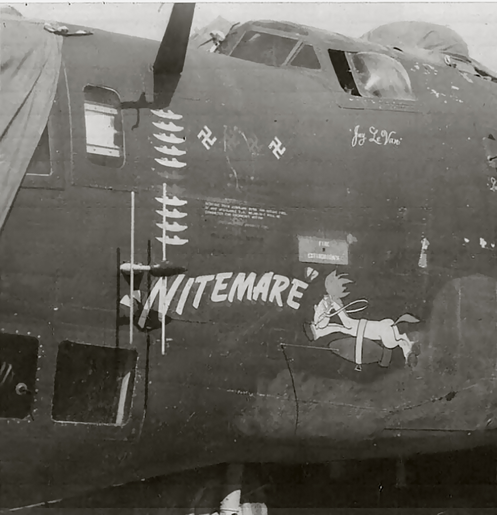 42-63778 B-24D Liberator 14AF 308BG425BS Nitemare nose art left side originally 8AF 480ASG2ASS CBI 01