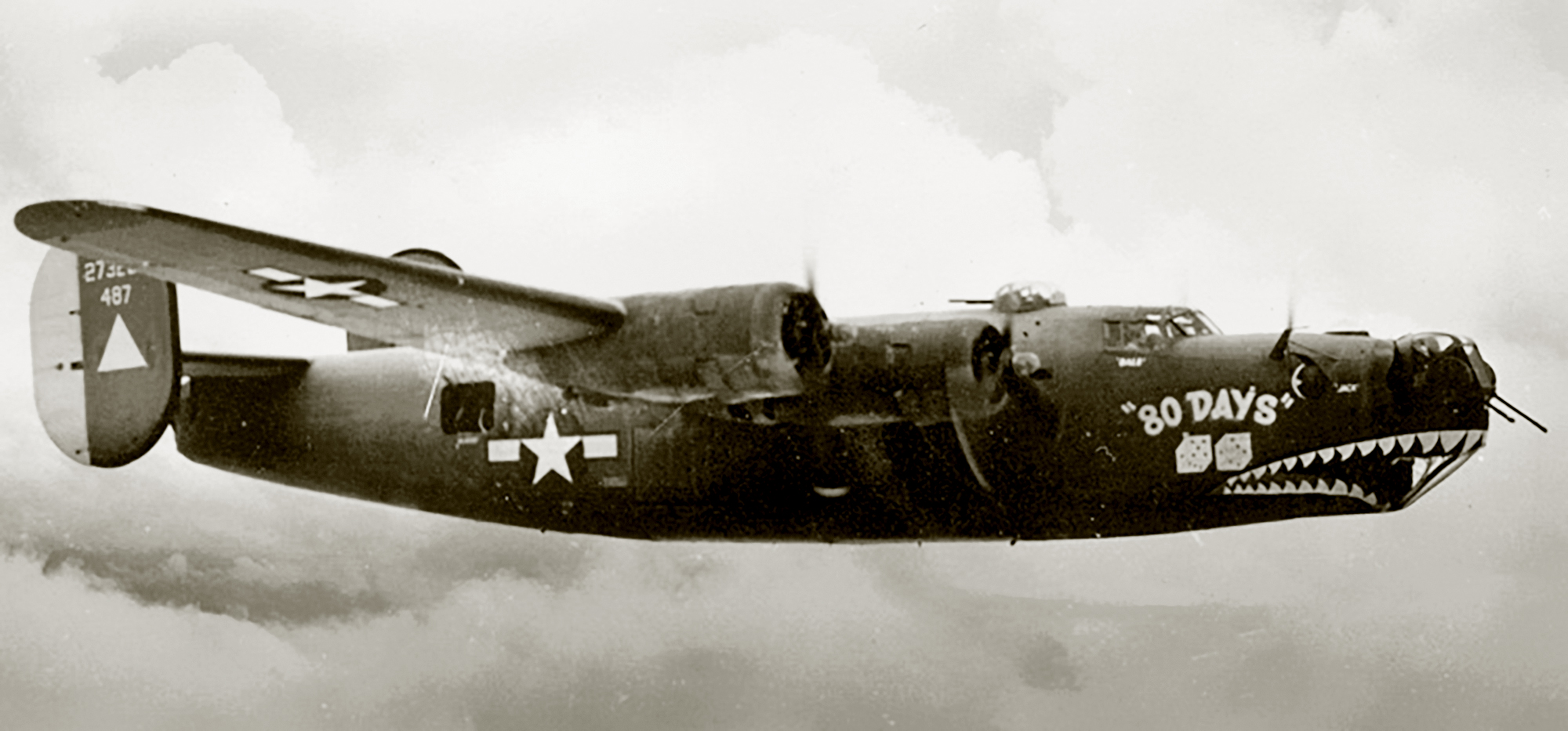 42-73257 B-24J Liberator 14AF 308BG374BS no 487 named 80 Days nose art right side in flight CBI 01