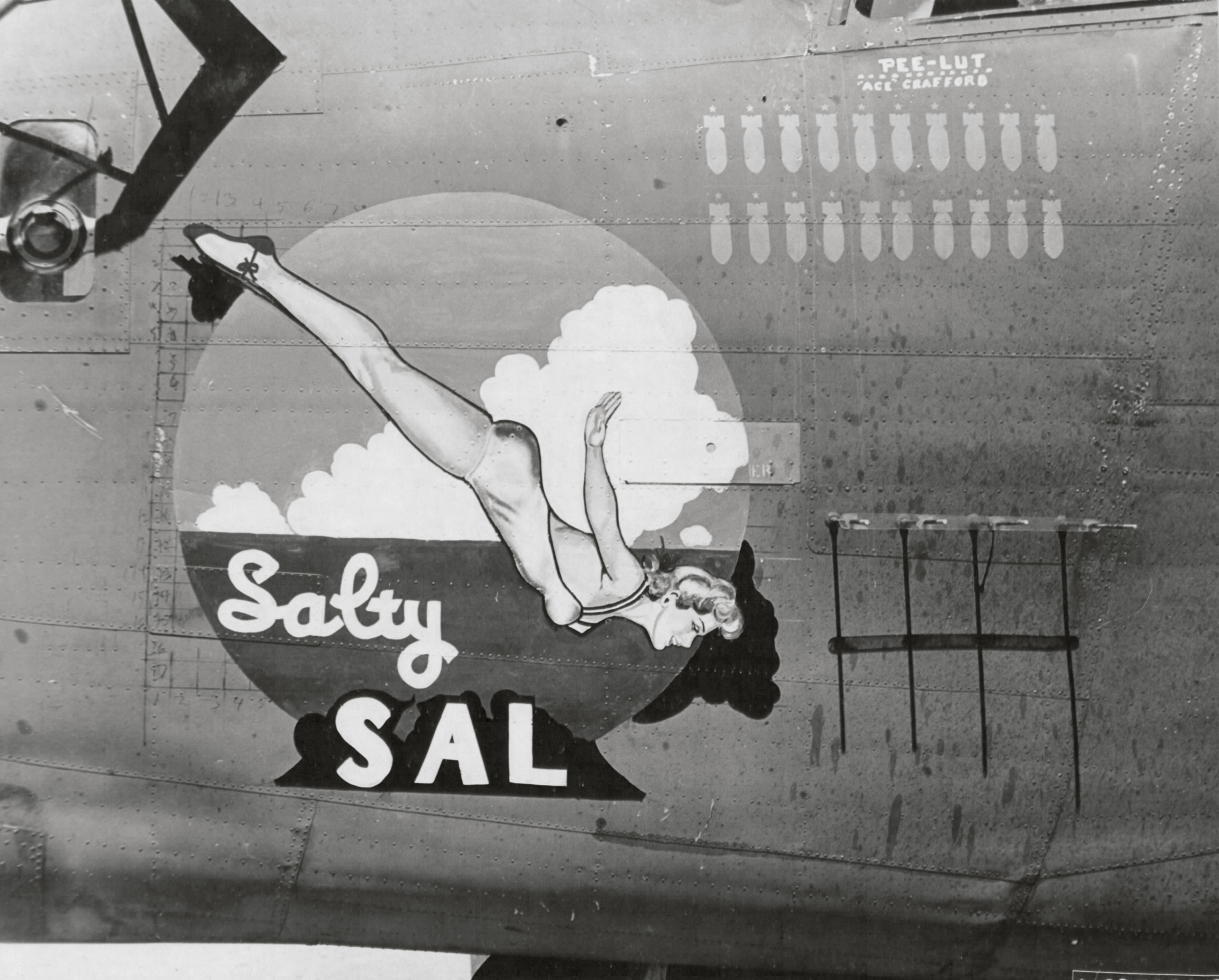 42-100219 B-24J Liberator 7AF 30BG392BS Salty Sal nose art left side at Kwajalein Marshall Islands July 1944 01