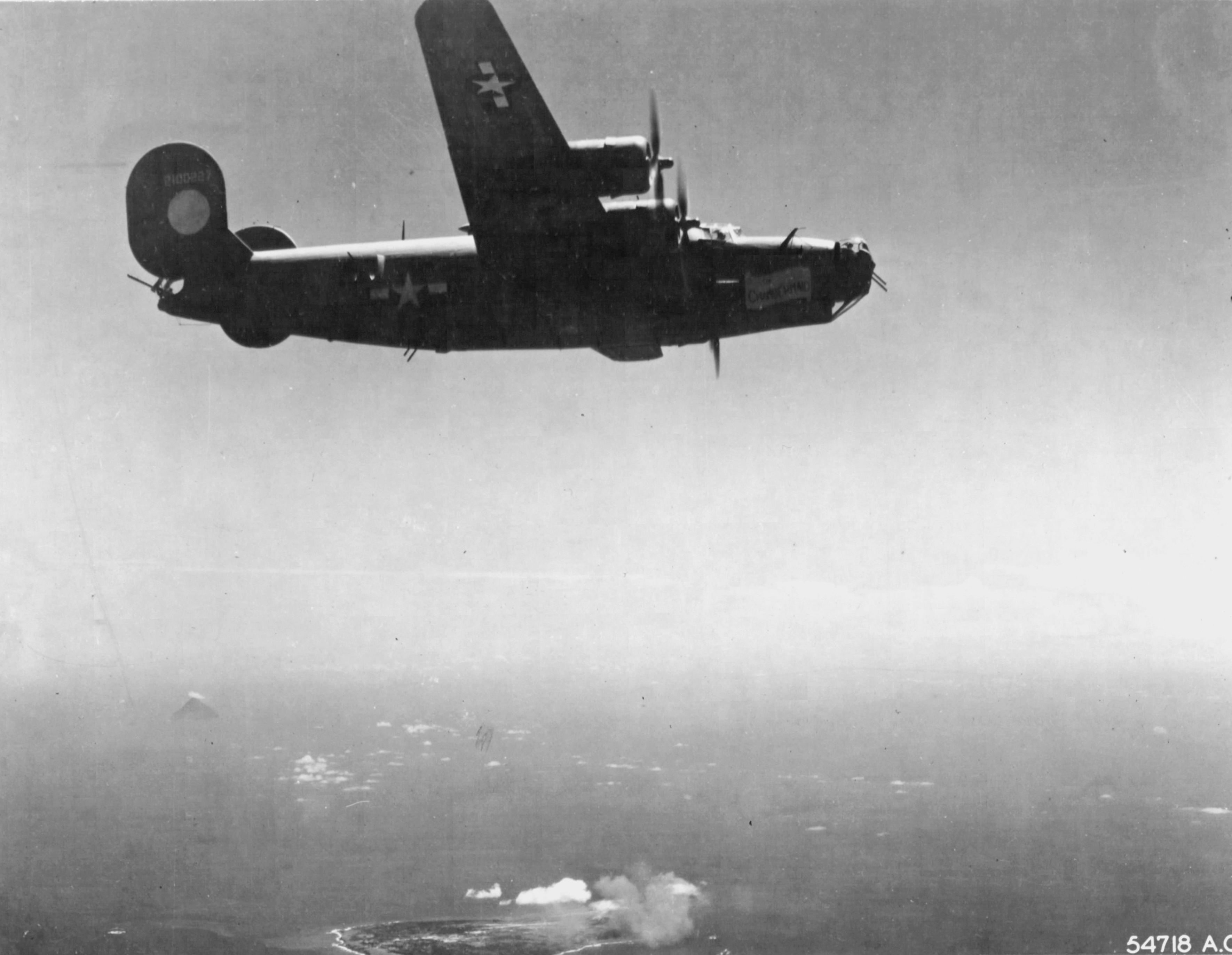 42-100227 B-24J Liberator 7AF 30BG38BS The Chambermaid in flight over Saipan 6th Nov 1944 01