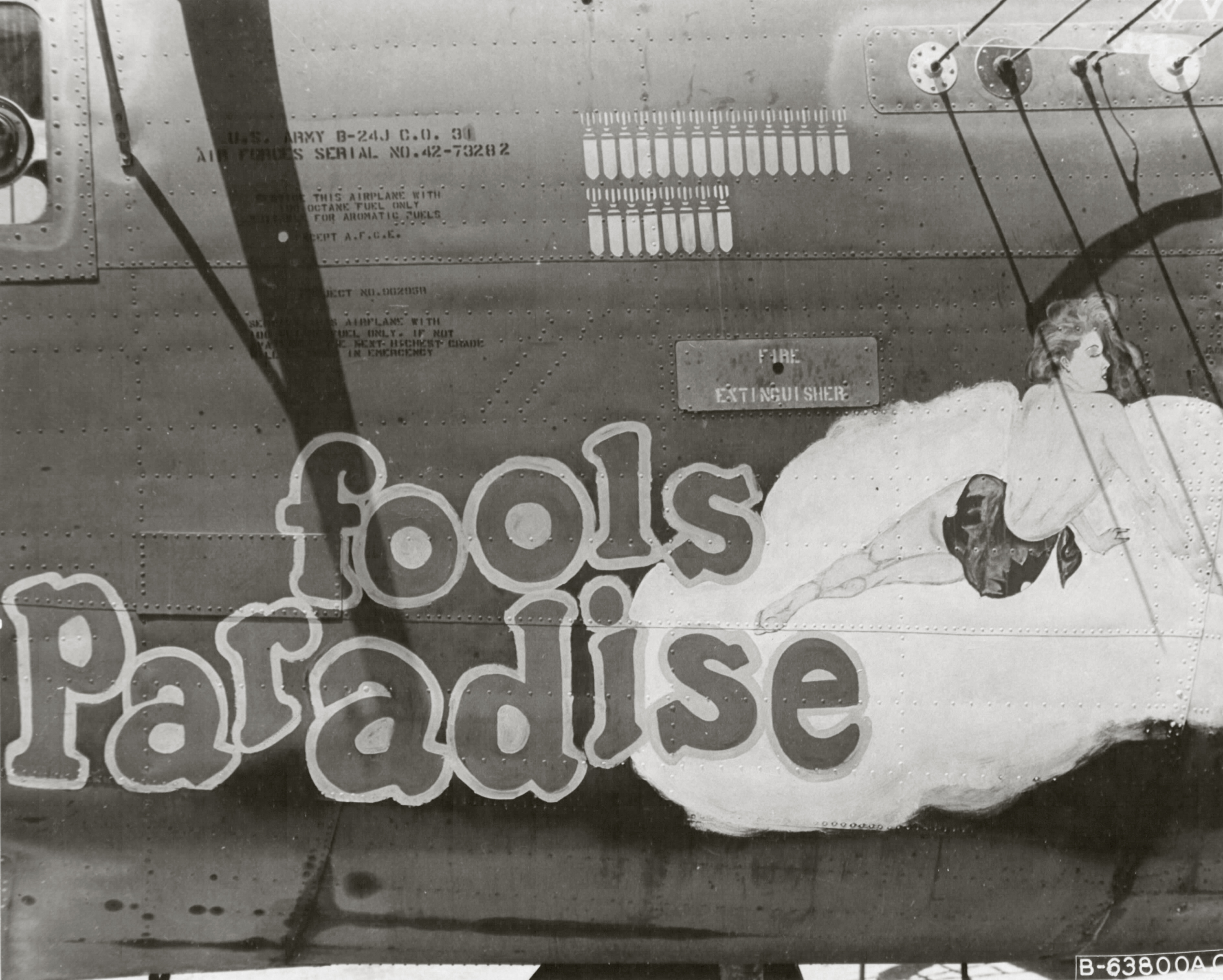 42-73282 B-24J Liberator 7AF 30BG38BS Fools Paradise nose art left side 01