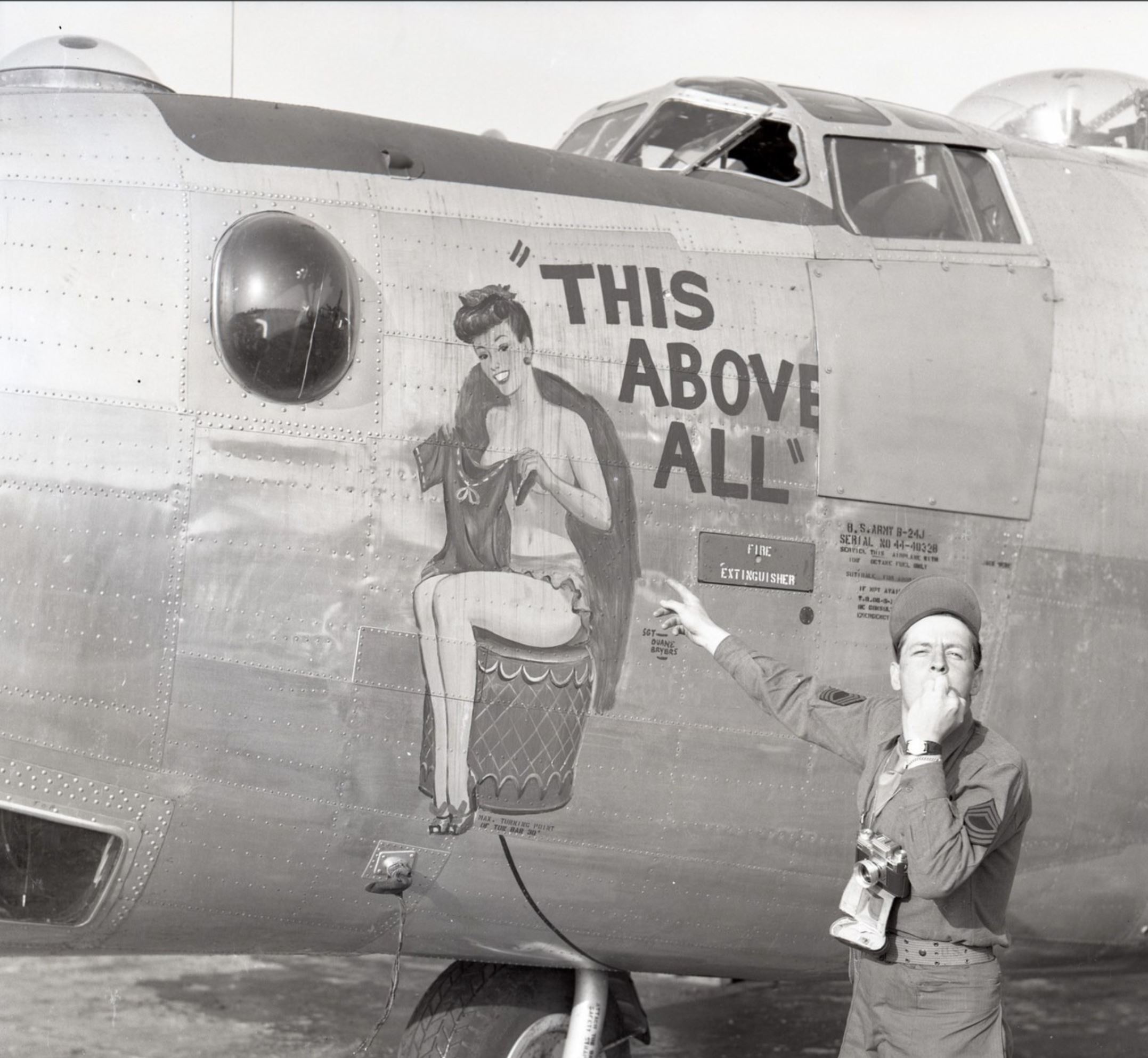 44-40328 B-24J Liberator 8AF 34BG391BS Q6B This Above All nose art left side England 1944 02