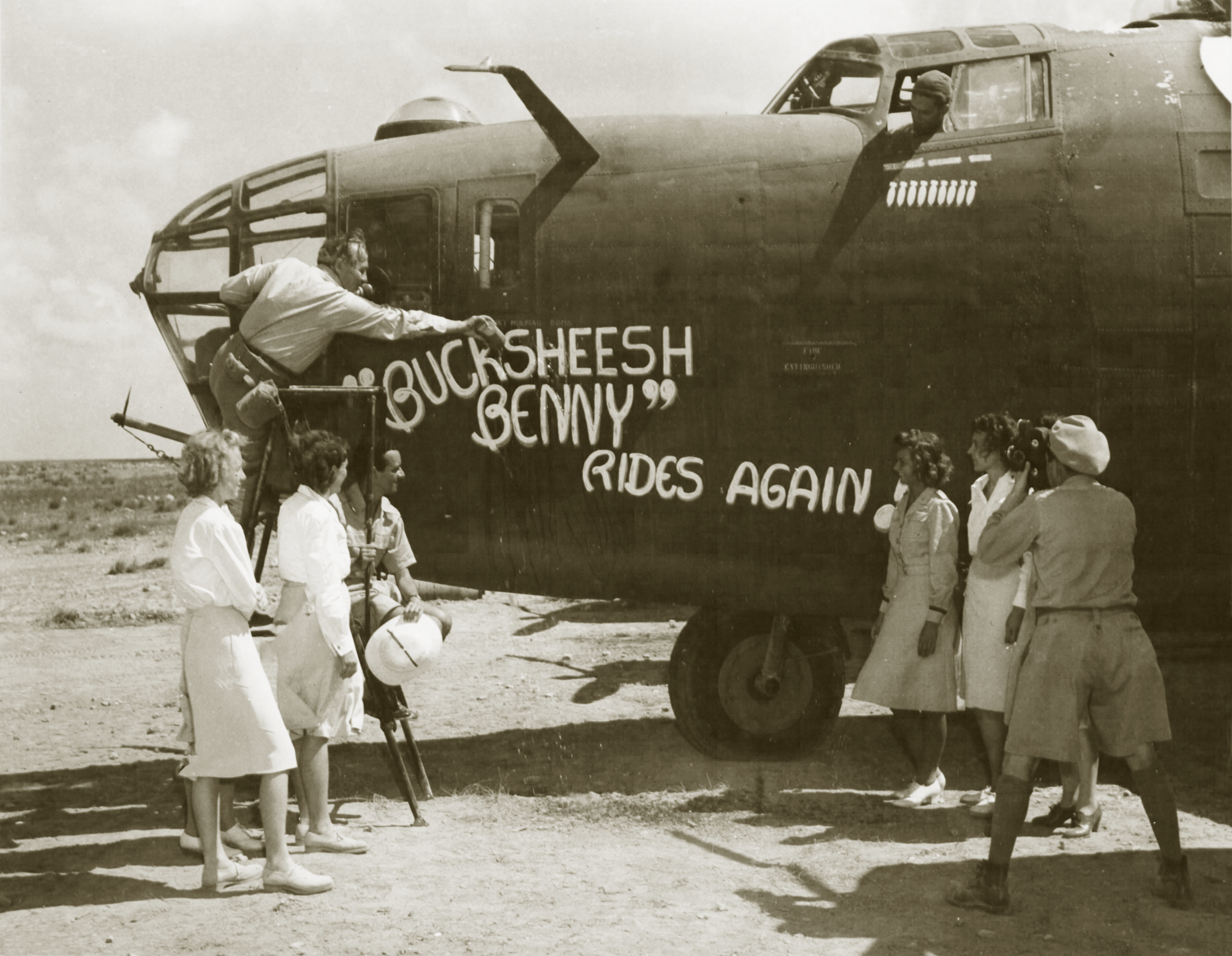 41-24112 B-24D Liberator 8AF 389BG566BS RRI Bucksheesh Benny Rides Again nose art left side at Hethel 01