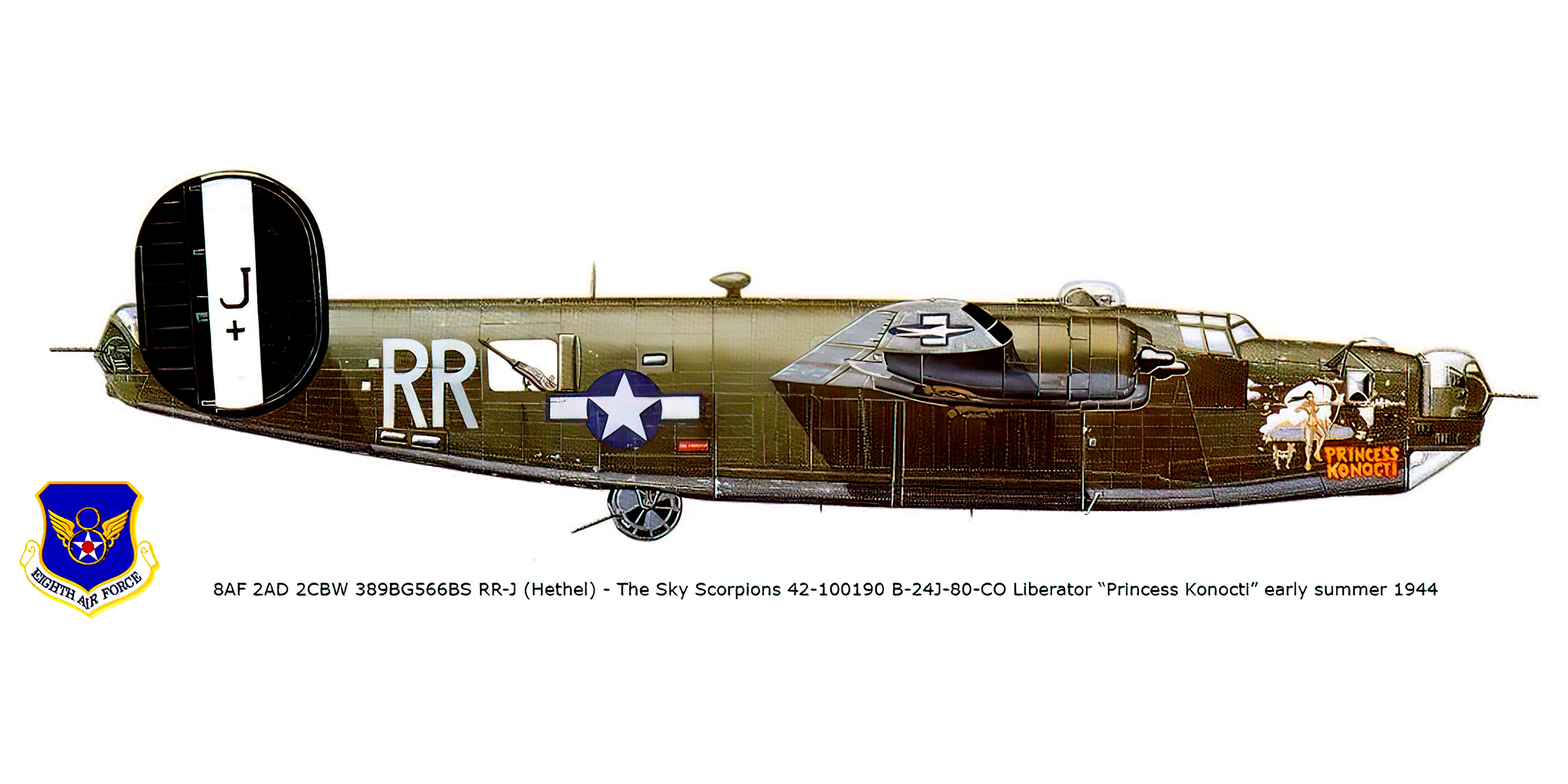 42-100190 B-24J Liberator 8AF 2AD 2CBW 389BG566BS RRJ Princess Konocti at Hethel summer 1944 0A