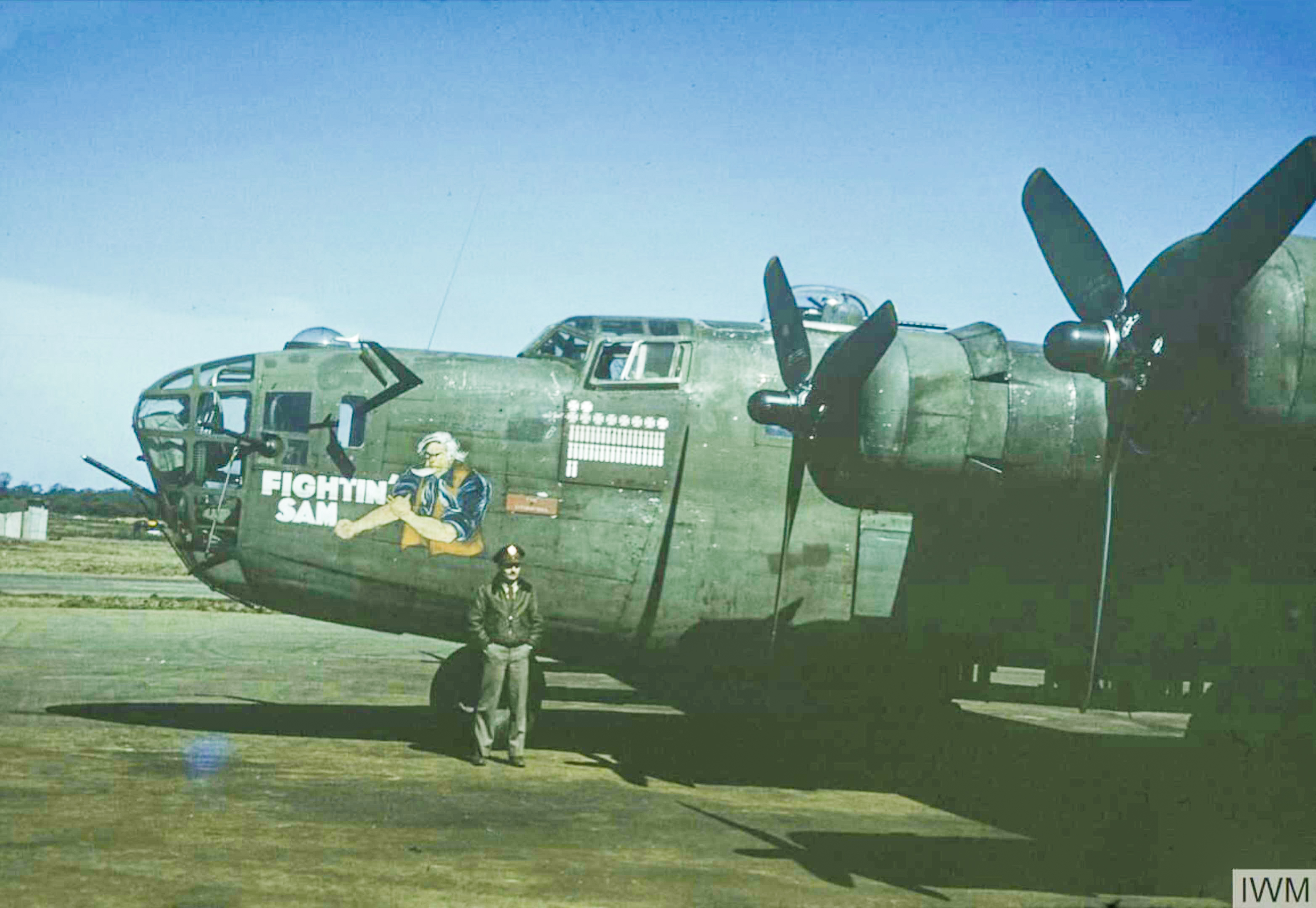 42-40506 B-24D Liberator 8AF 389BG566BS RRA+ Fightin' Sam nose art left side at Hethel FRE6475