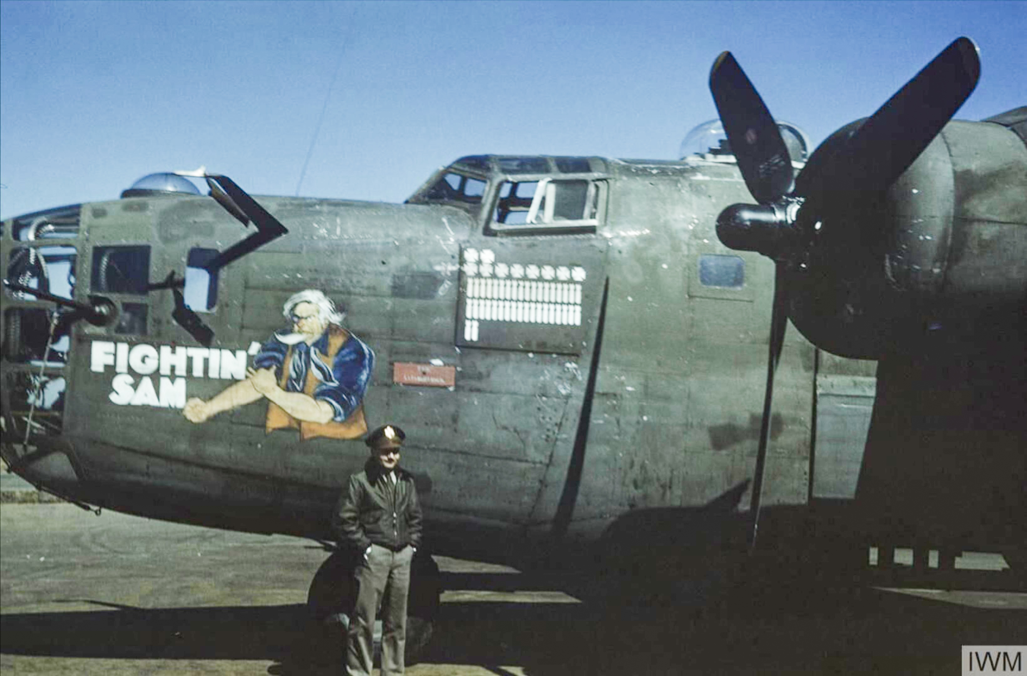 42-40506 B-24D Liberator 8AF 389BG566BS RRA+ Fightin' Sam nose art left side at Hethel FRE6484