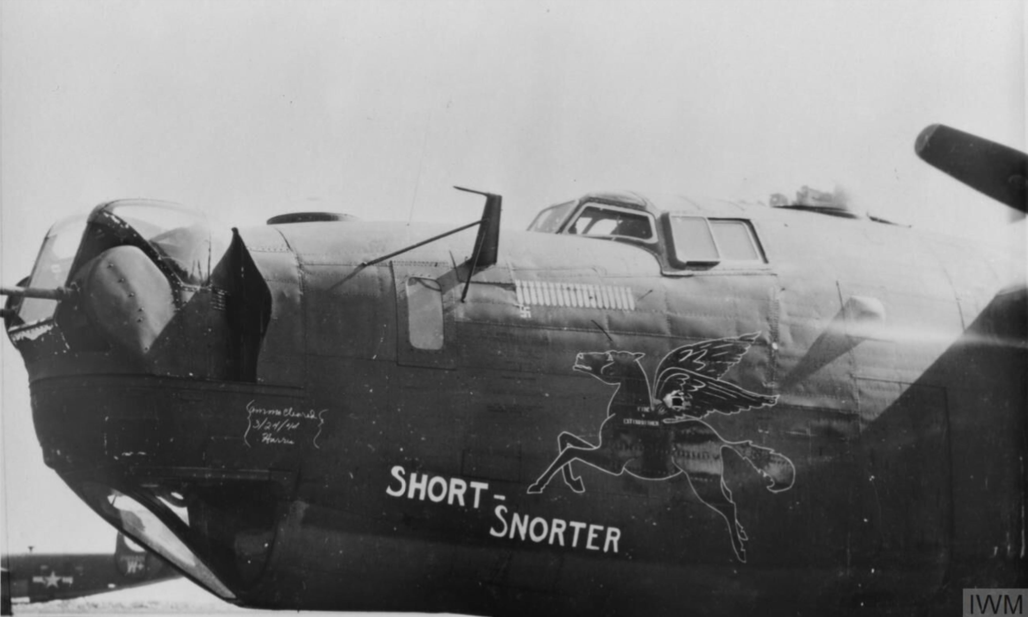 42-99990 B-24J Liberator 8AF 392BG579BS GCH Short Snorter nose art left side at Wendling FRE8008
