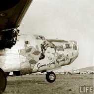 Asisbiz 44-49854 B-24L Liberator 5AF 43BG64BS Mabel's Labels nose art right side Kingman No.6 USA 1947