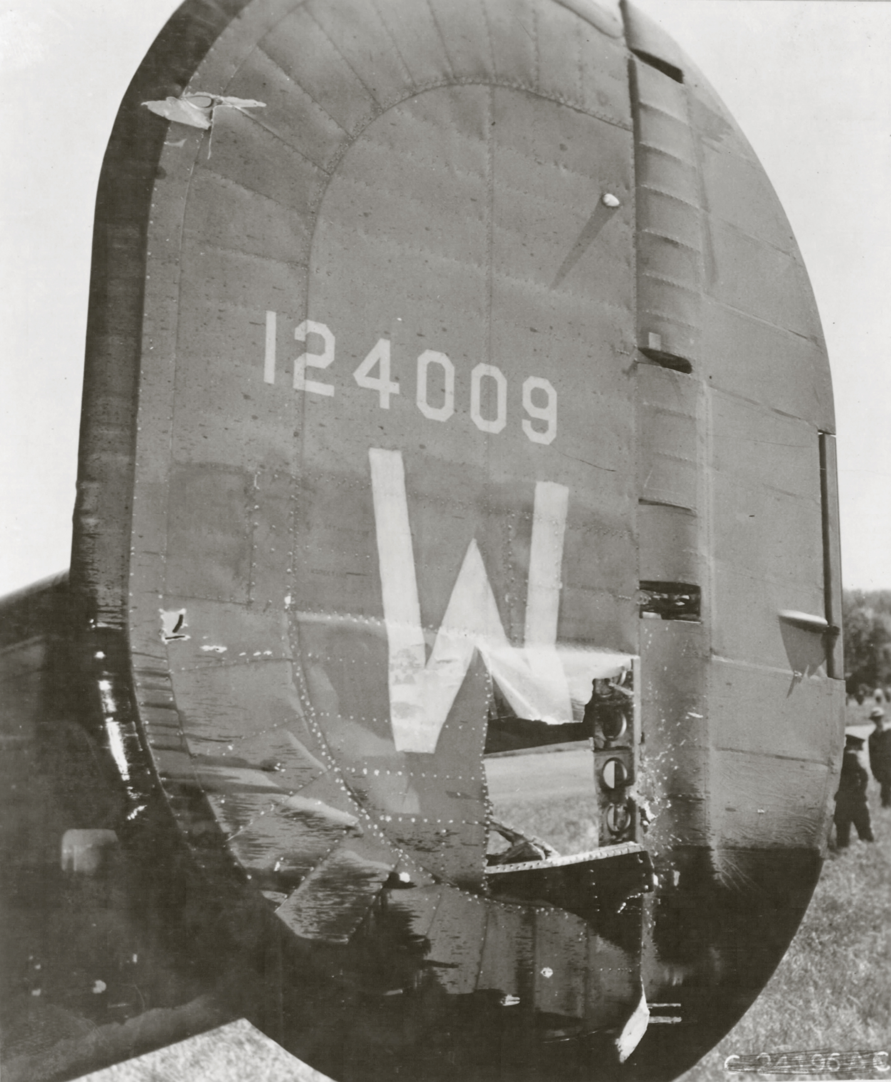 41-24009 B-24D Liberator 8AF 44BG68BS W Margaret Ann tail damage over Kiel Germany Jul 1943 01